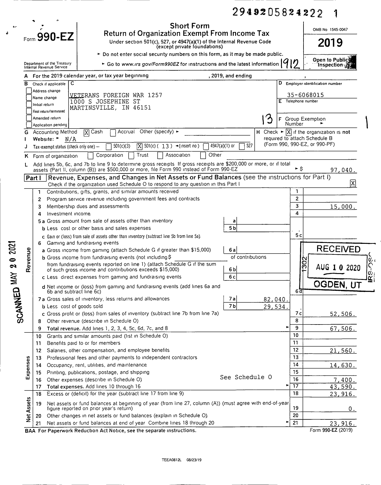 Image of first page of 2019 Form 990EO for Veterans of Foreign War 1257