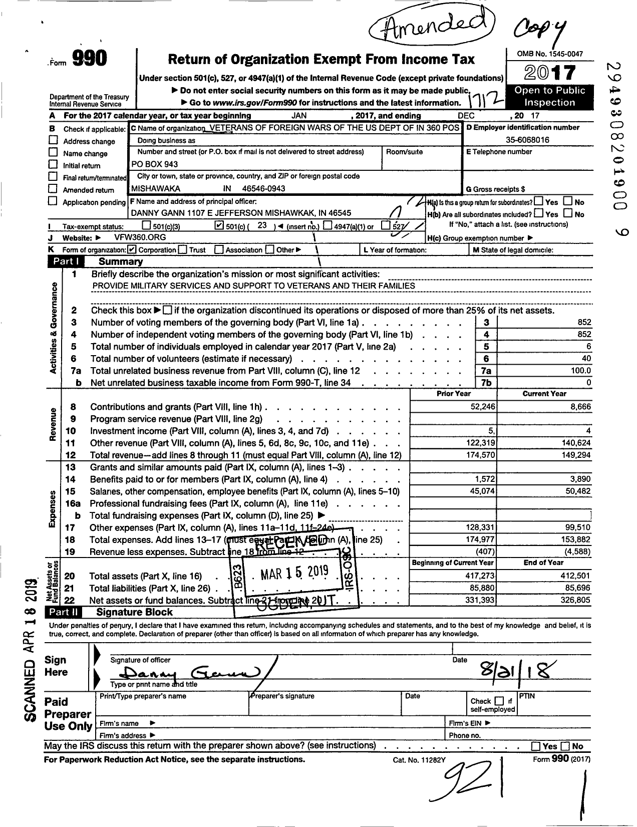 Image of first page of 2017 Form 990O for VFW Department of Indiana - 360 Mishawaka Post