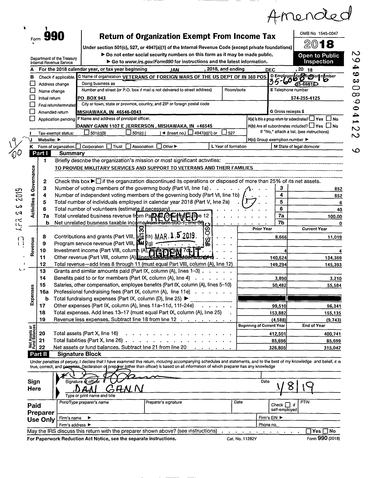 Image of first page of 2018 Form 990O for VFW Department of Indiana - 360 Mishawaka Post