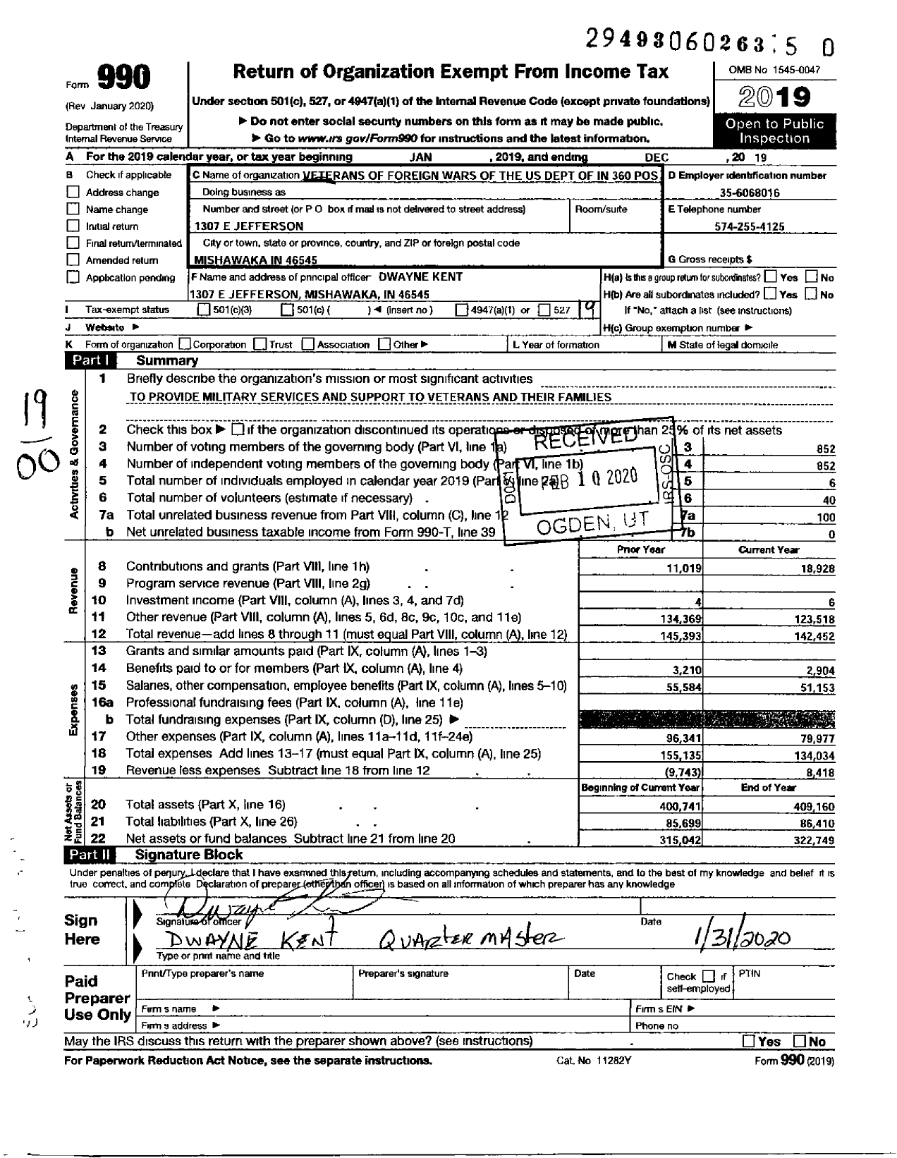 Image of first page of 2019 Form 990O for VFW Department of Indiana - 360 Mishawaka Post