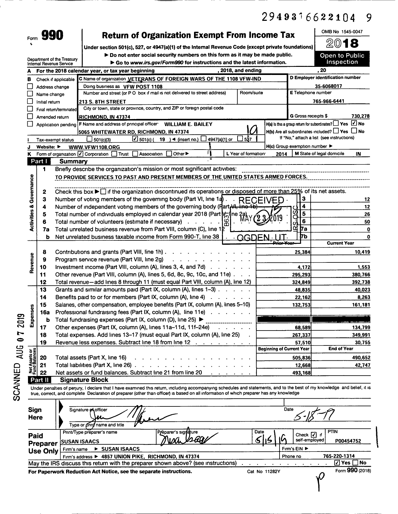 Image of first page of 2018 Form 990O for VFW Department of Indiana - VFW Post 1108