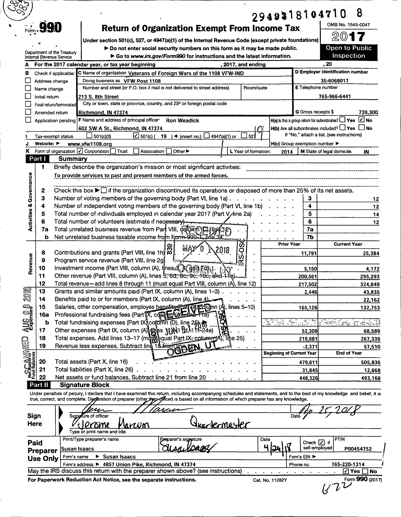 Image of first page of 2017 Form 990O for VFW Department of Indiana - VFW Post 1108