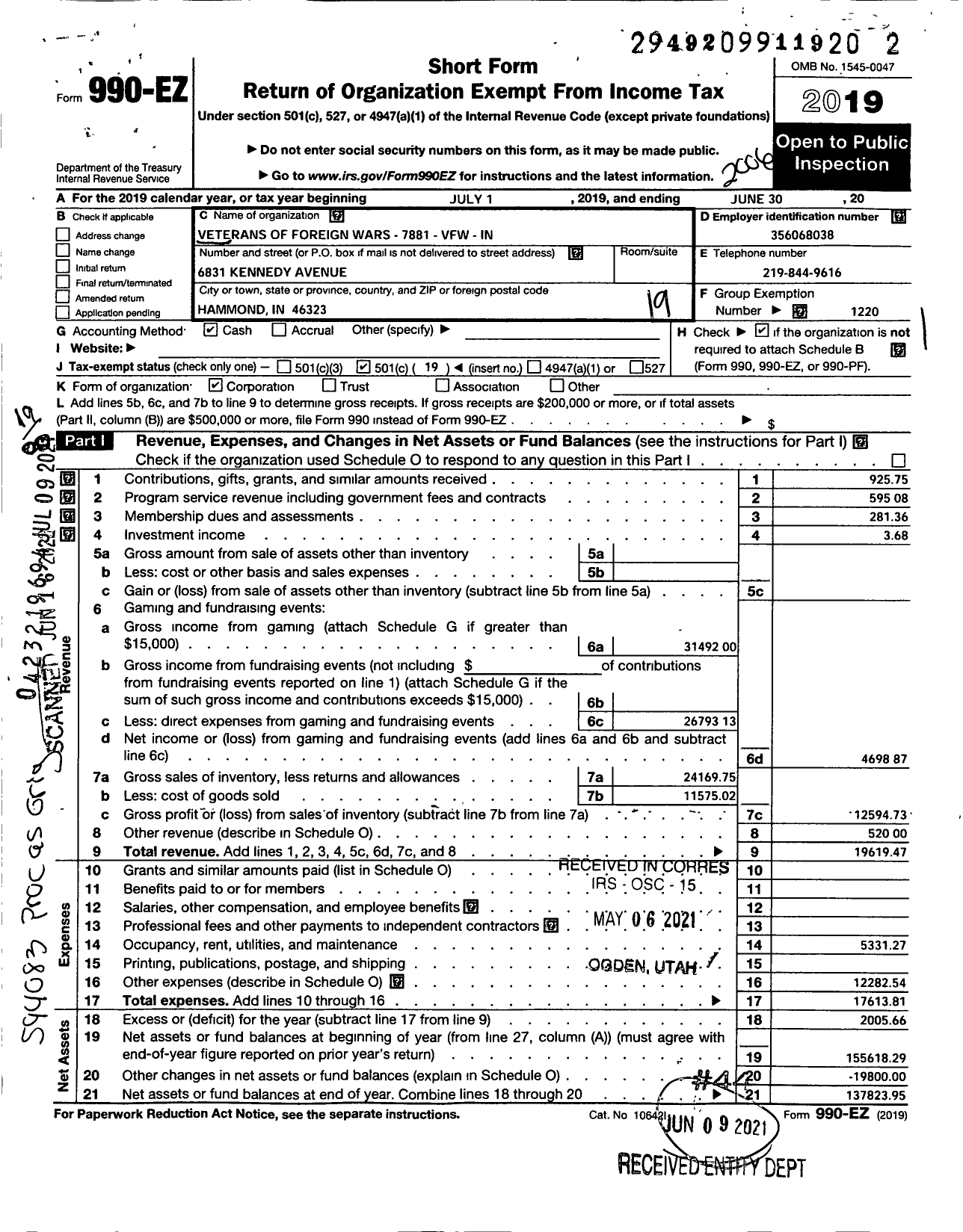 Image of first page of 2019 Form 990EO for VFW Department of Indiana - 7881 Hessville Memorial Post