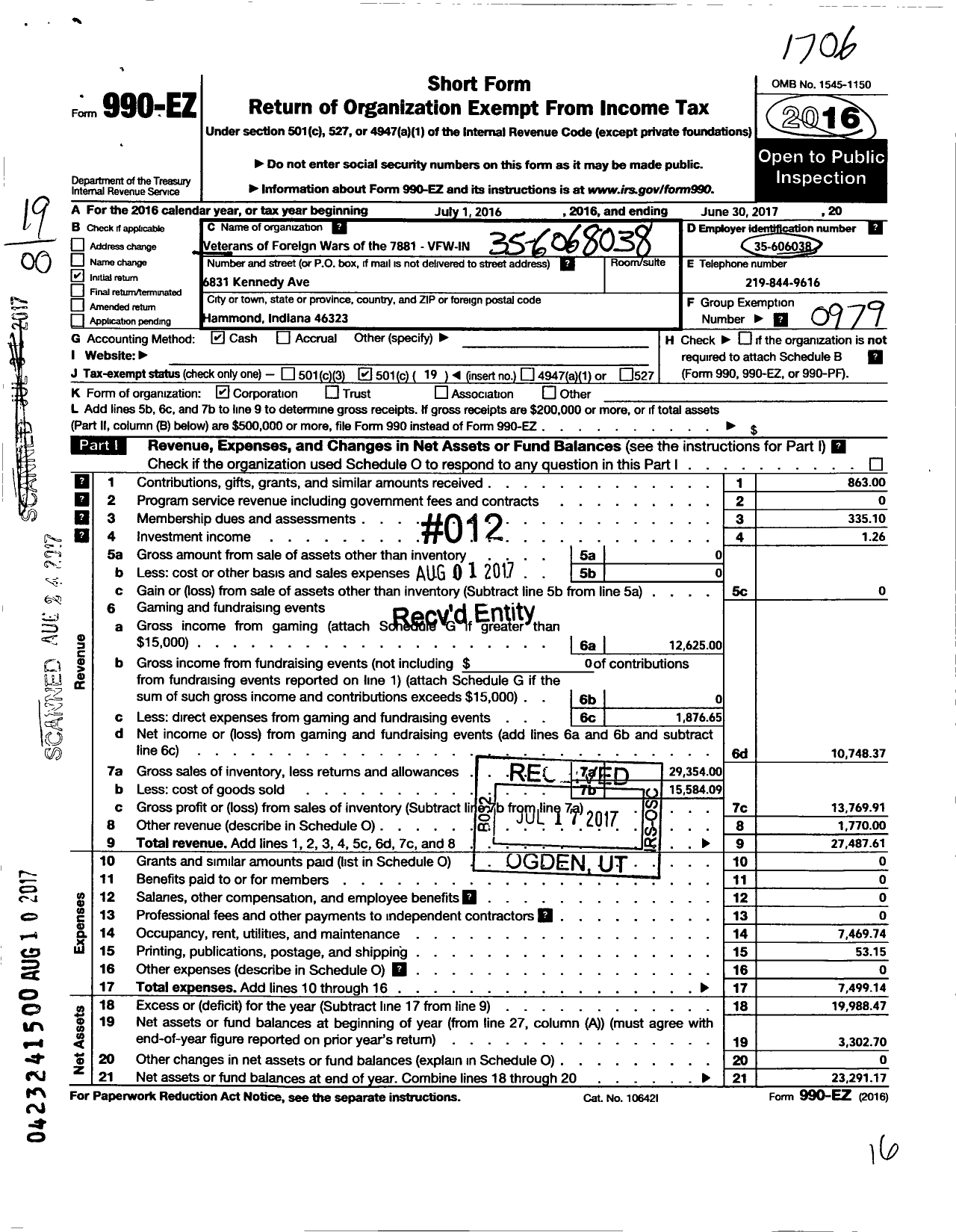 Image of first page of 2016 Form 990EO for VFW Department of Indiana - 7881 Hessville Memorial Post