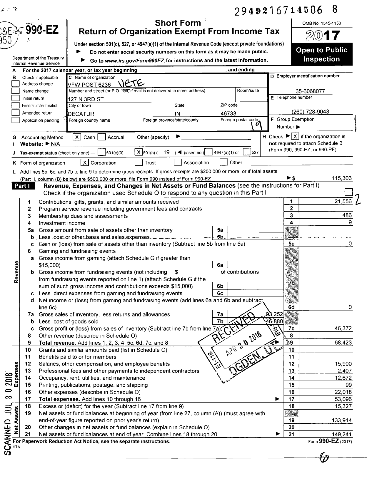 Image of first page of 2017 Form 990EO for VFW Department of Indiana - 6236 Limberlost Post