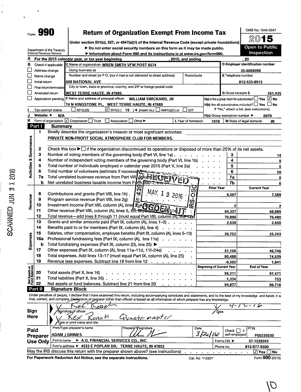 Image of first page of 2015 Form 990O for VFW Department of Indiana - 6574 Wren-Smith Post