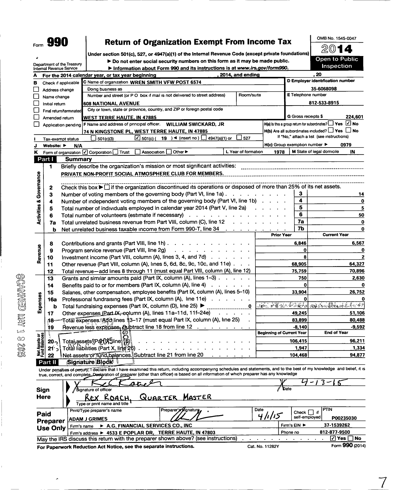 Image of first page of 2014 Form 990O for VFW Department of Indiana - 6574 Wren-Smith Post