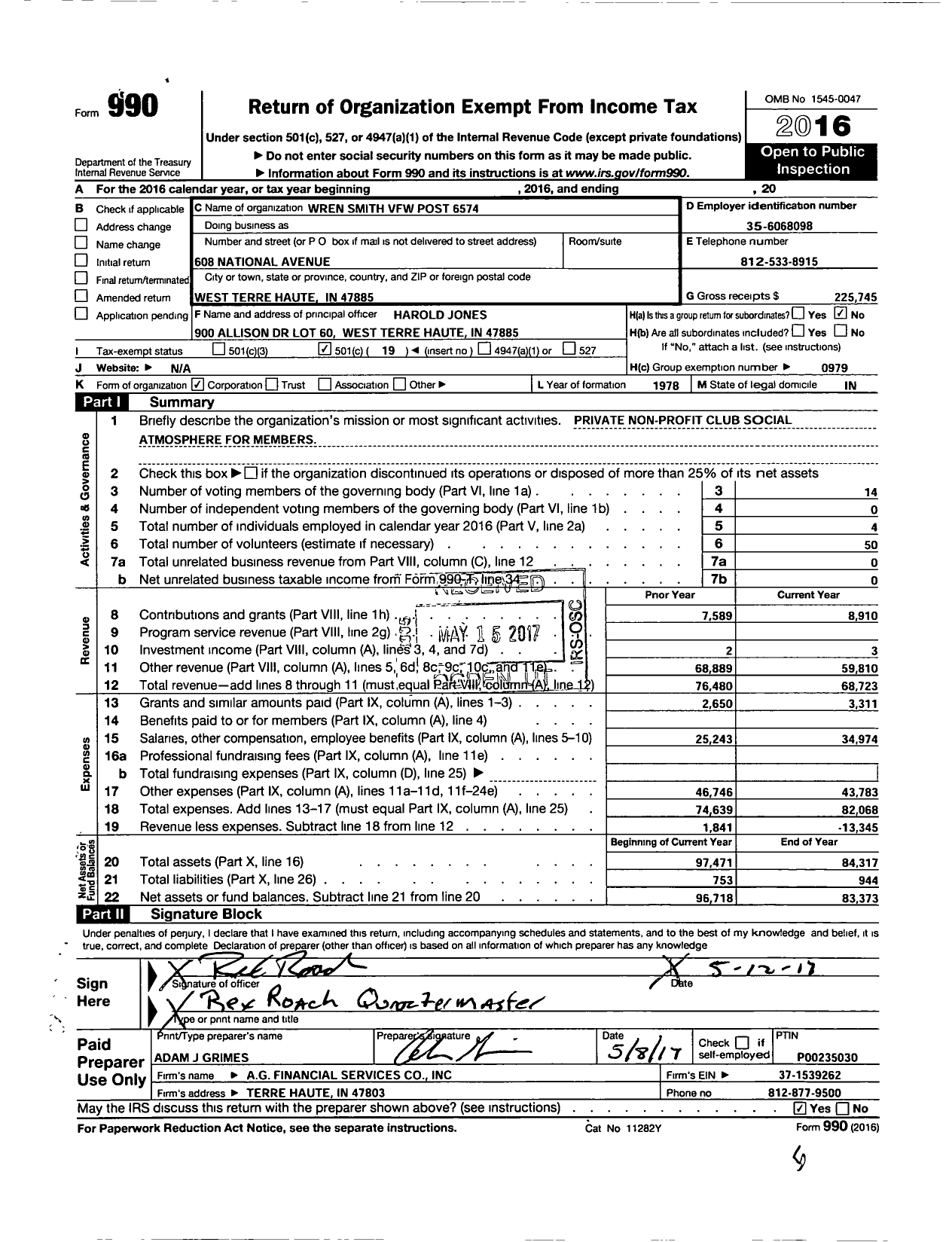 Image of first page of 2016 Form 990O for VFW Department of Indiana - 6574 Wren-Smith Post