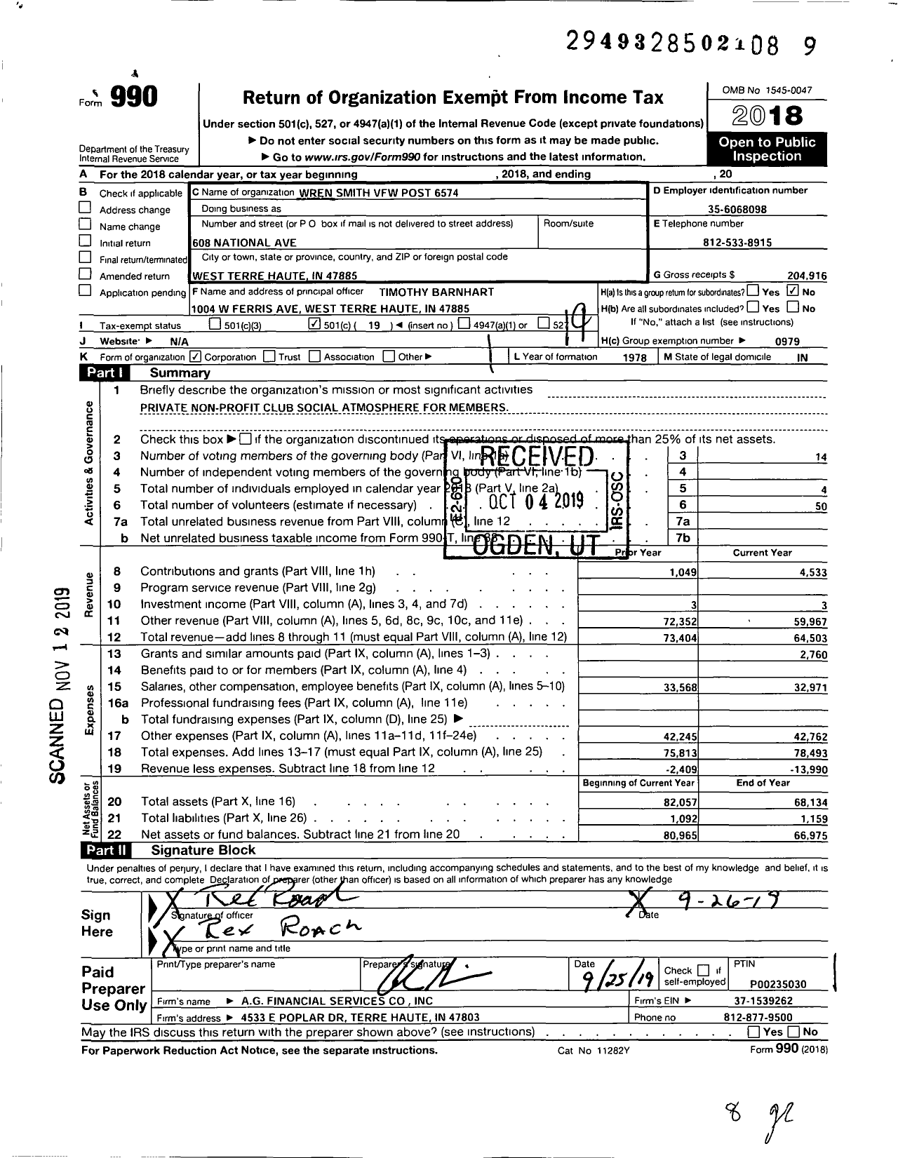 Image of first page of 2018 Form 990O for VFW Department of Indiana - 6574 Wren-Smith Post