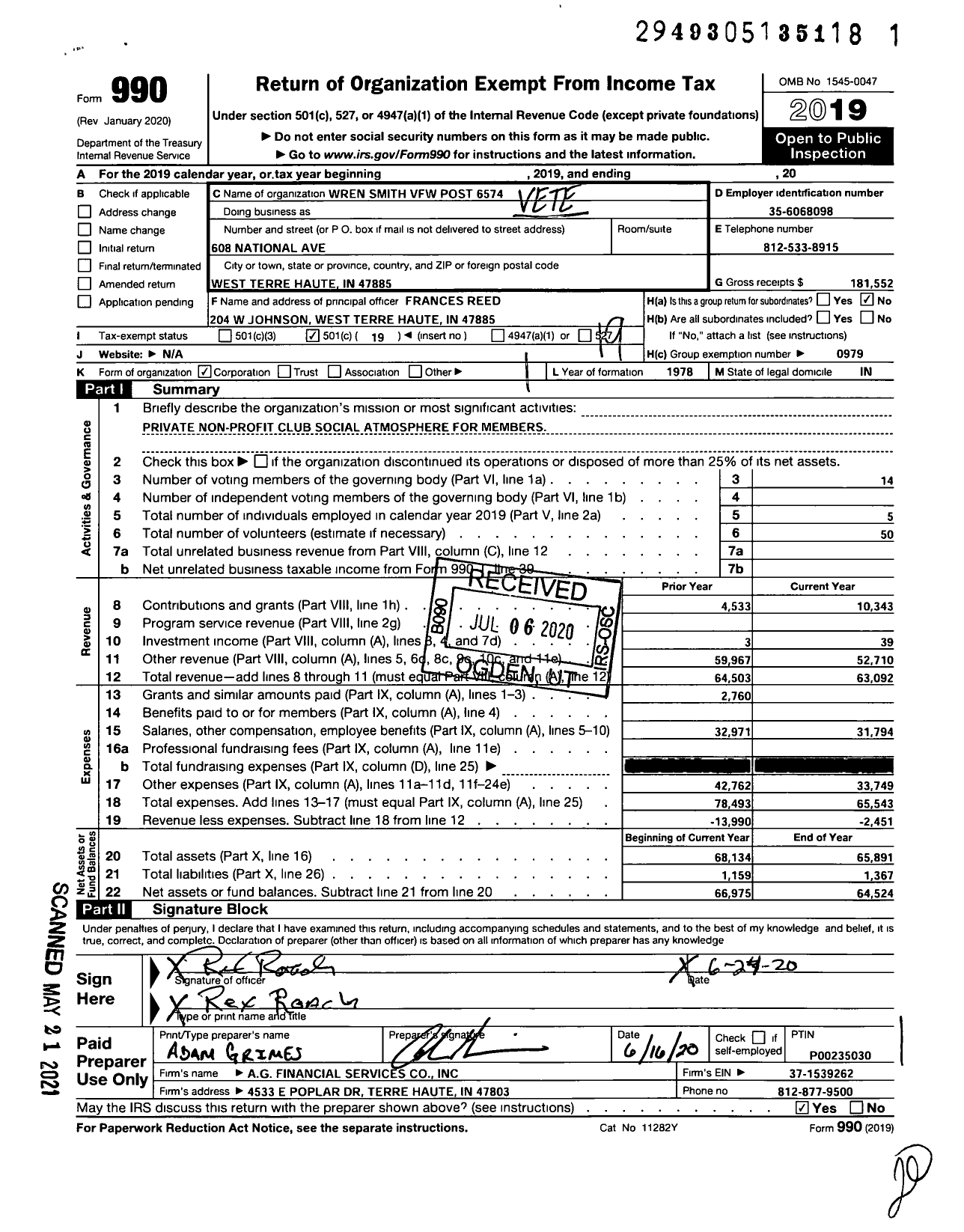 Image of first page of 2019 Form 990O for VFW Department of Indiana - 6574 Wren-Smith Post