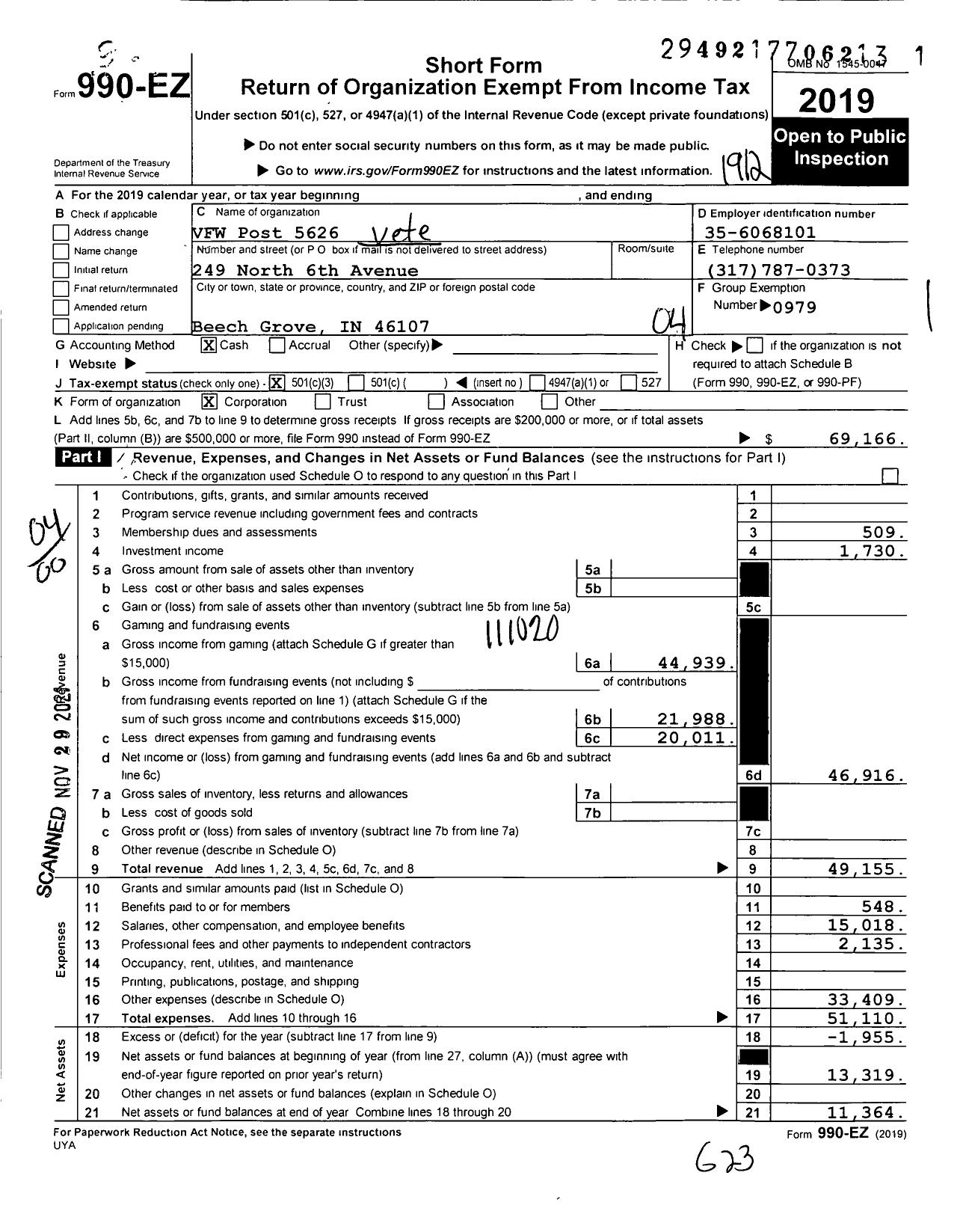 Image of first page of 2019 Form 990EO for VFW Department of Indiana - 5626 Beech Grove Post