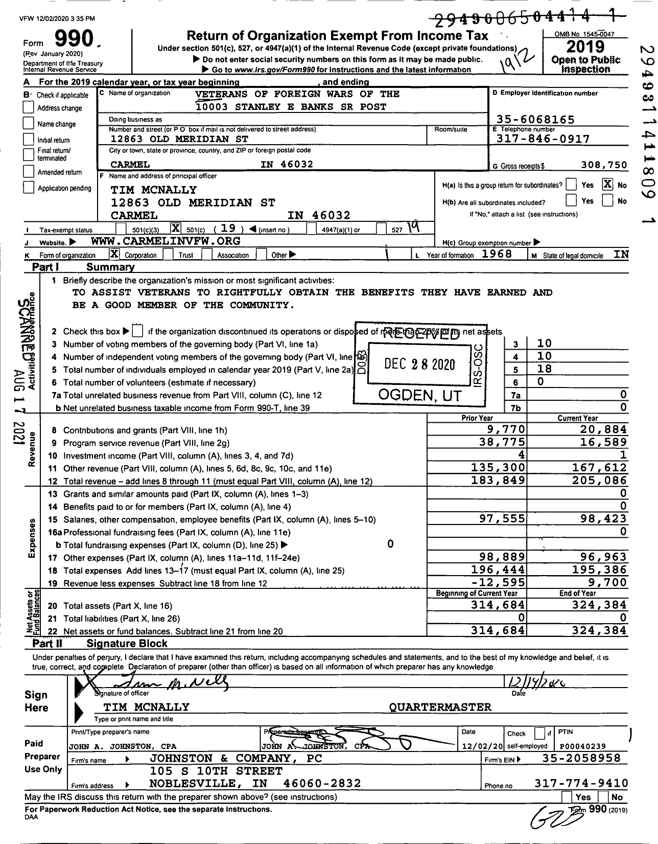 Image of first page of 2019 Form 990O for VFW Department of Indiana - 10003 Stanley E Banks SR Post