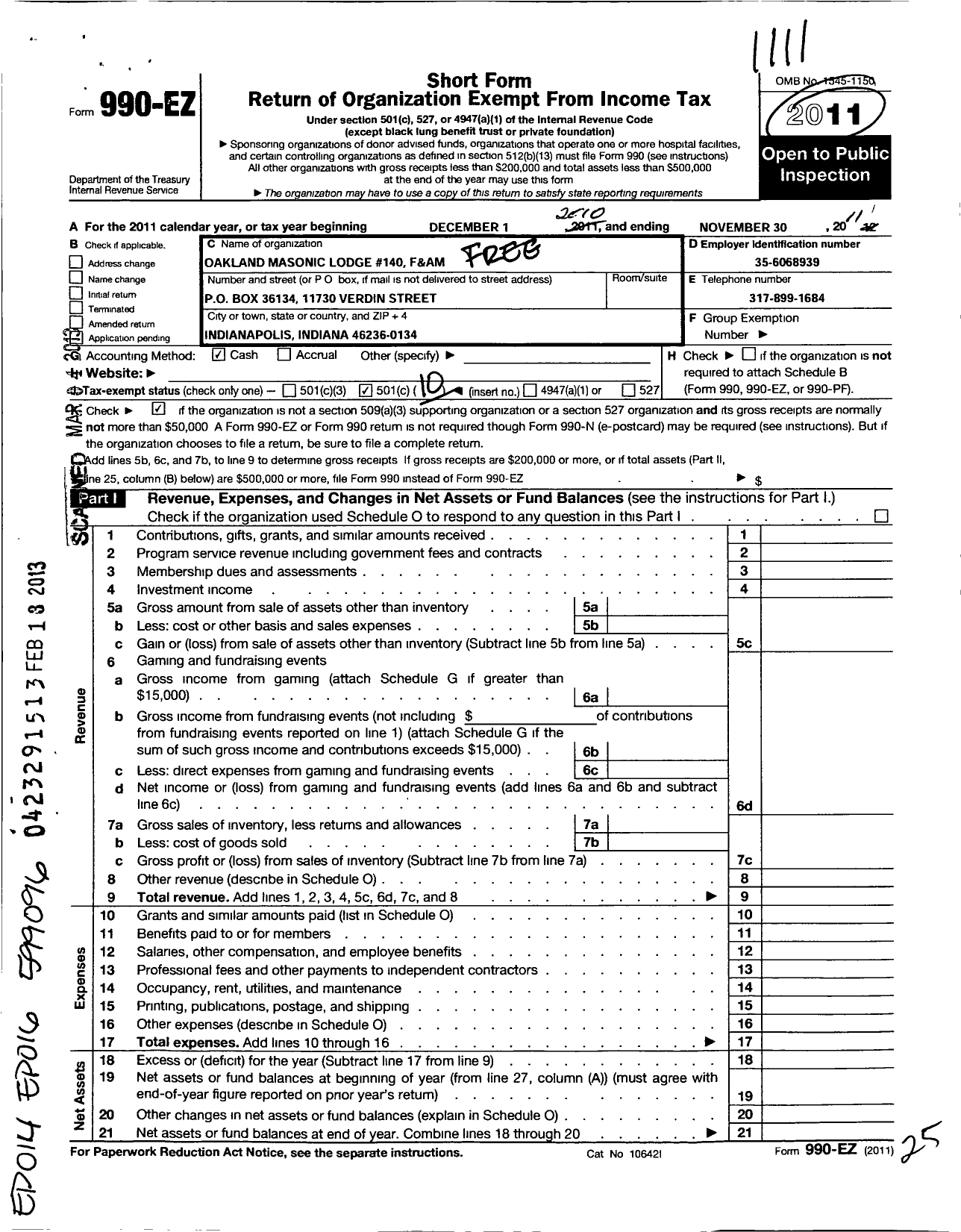 Image of first page of 2010 Form 990EO for Free & Accepted Masons of Indiana - 140 Oakland