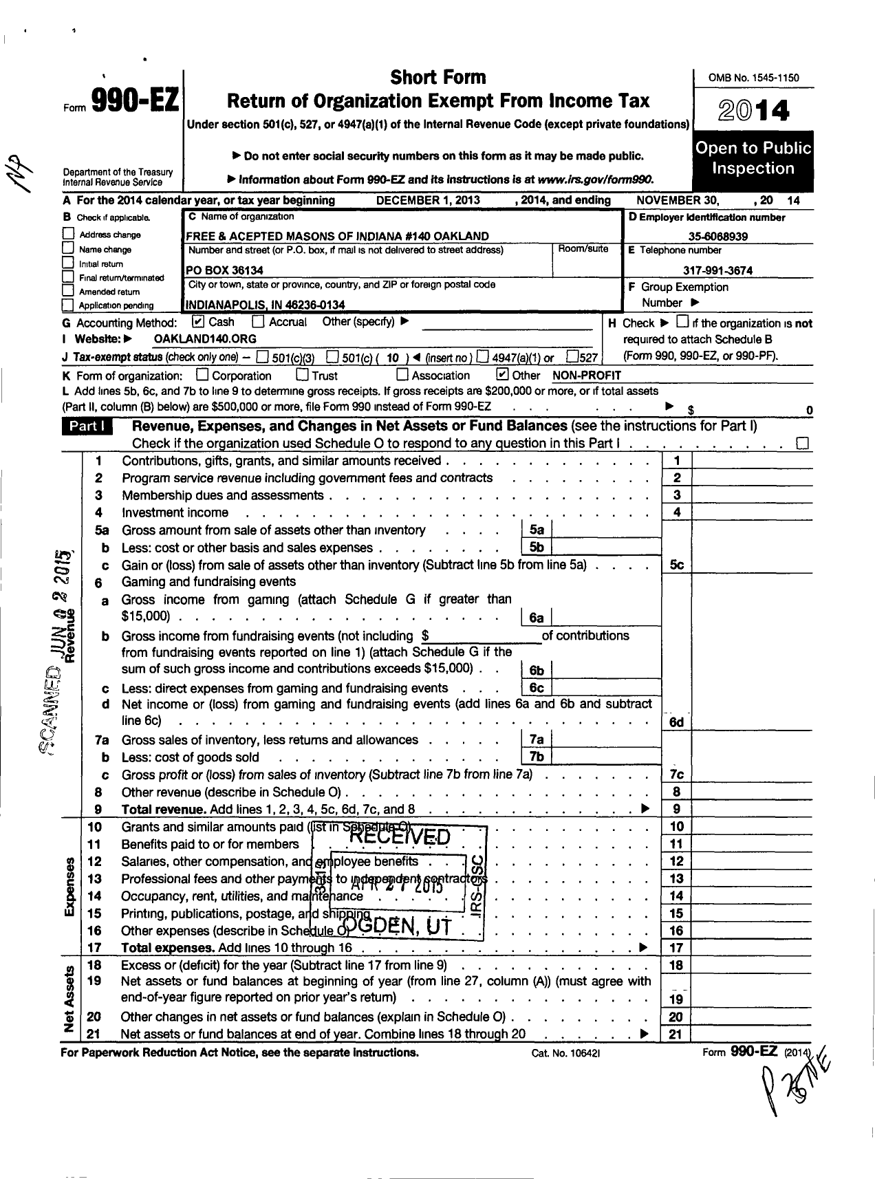 Image of first page of 2013 Form 990EO for Free & Accepted Masons of Indiana - 140 Oakland