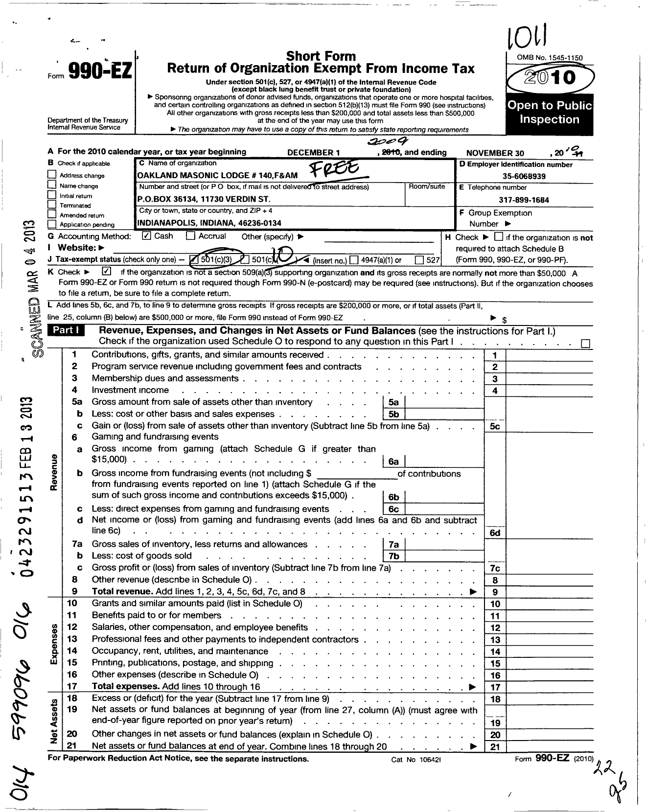 Image of first page of 2009 Form 990EO for Free & Accepted Masons of Indiana - 140 Oakland