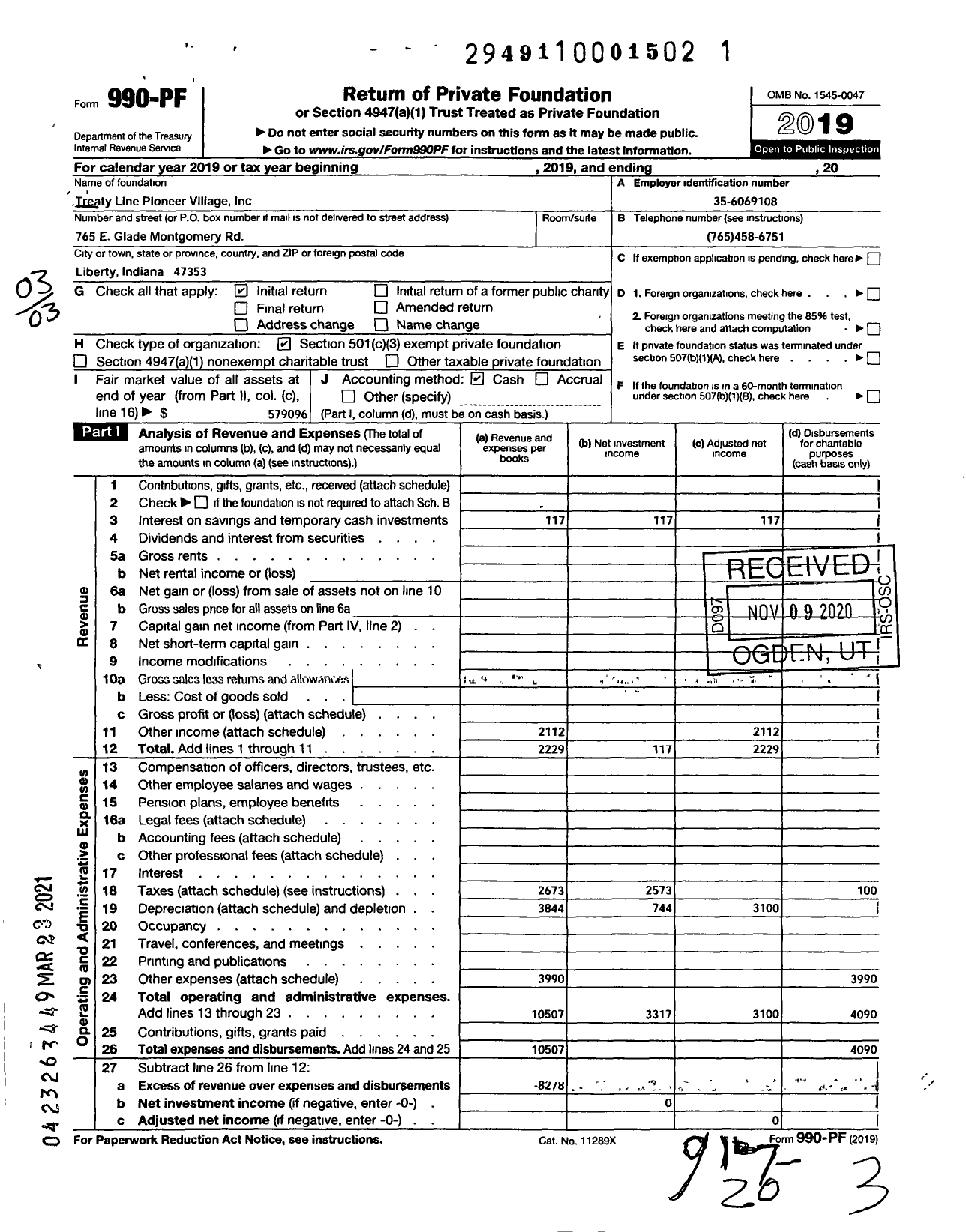 Image of first page of 2019 Form 990PF for Treaty Line Pioneer Village