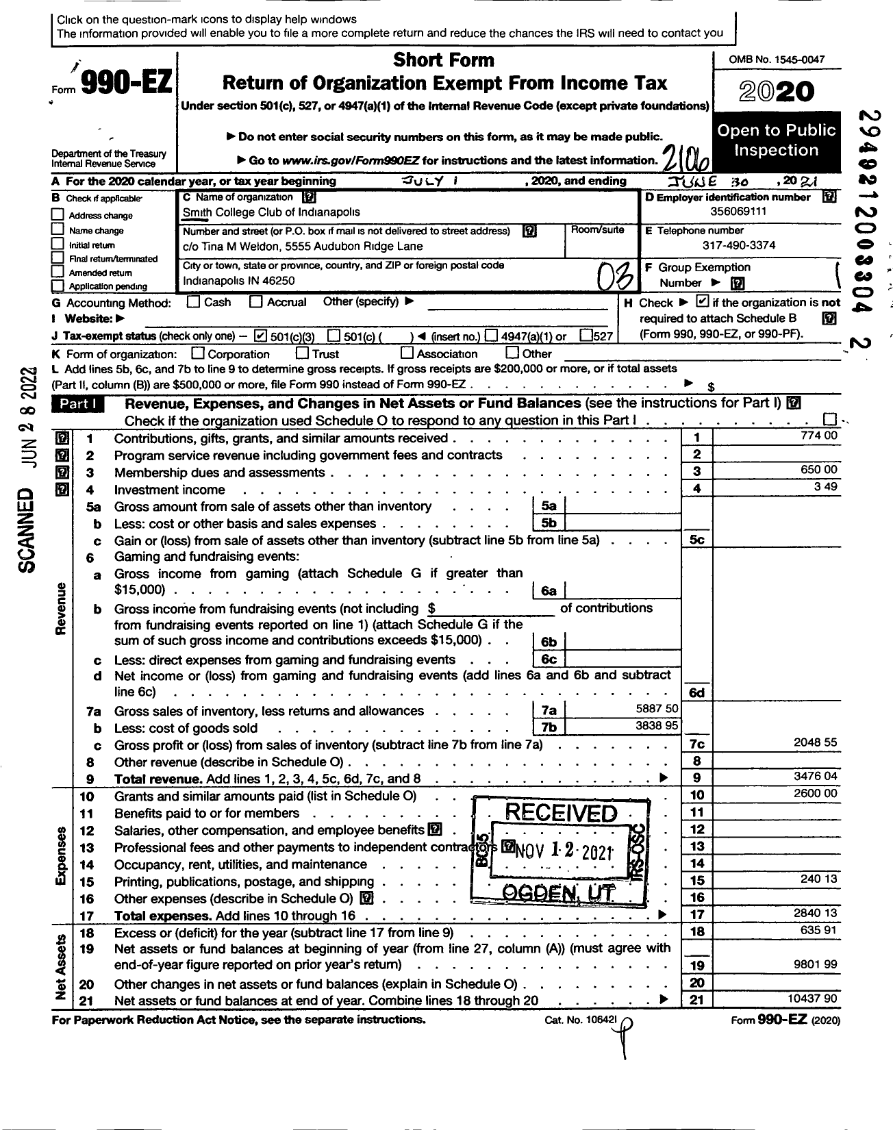 Image of first page of 2020 Form 990EZ for The Smith College Club of Indianapolis