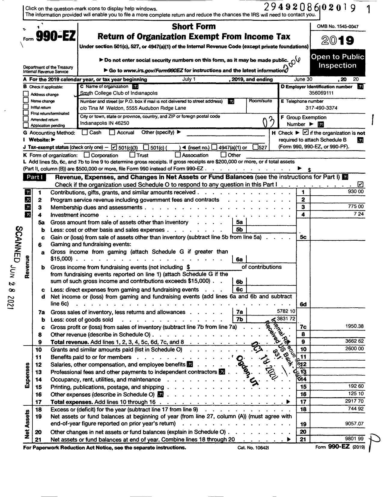 Image of first page of 2019 Form 990EZ for The Smith College Club of Indianapolis