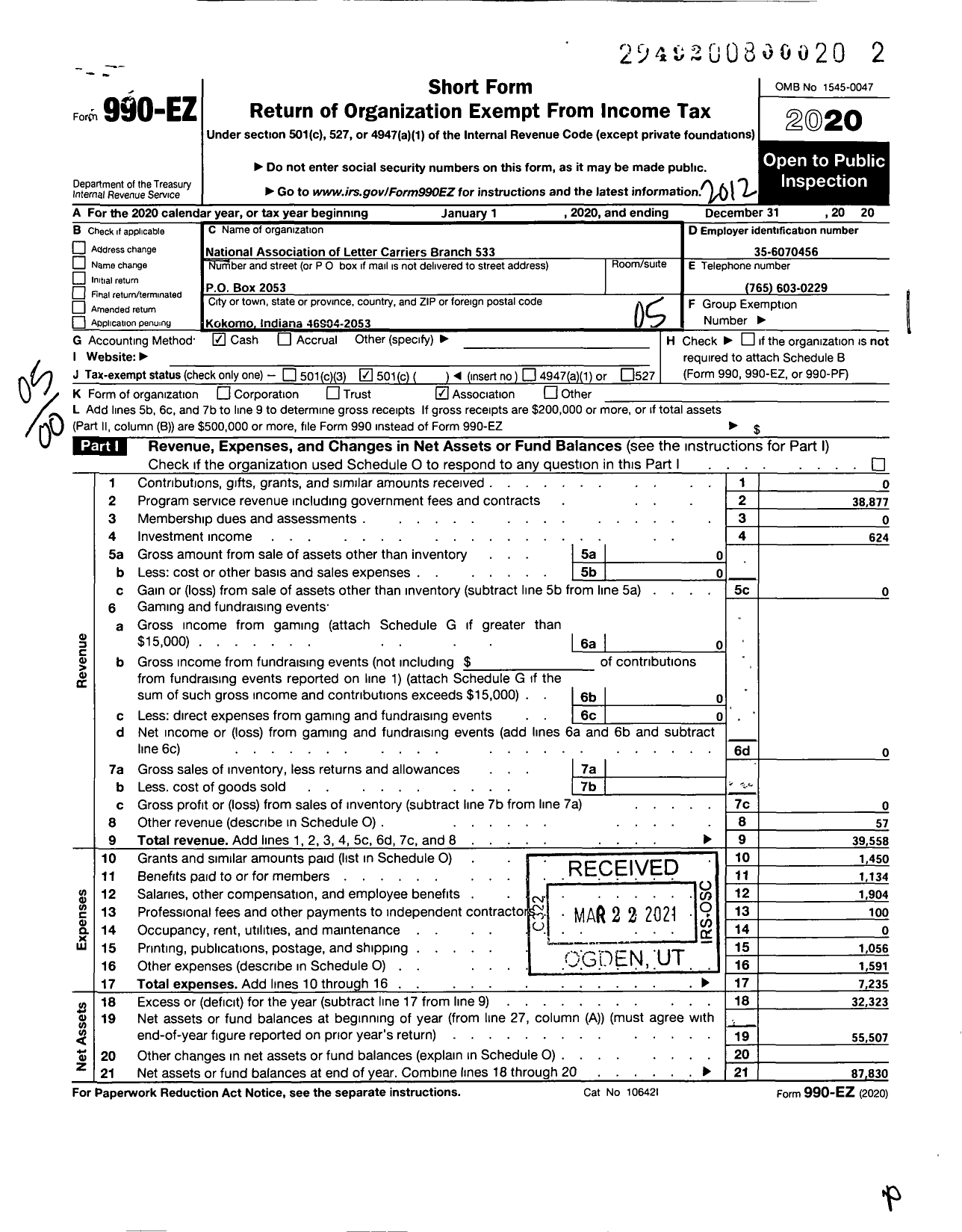 Image of first page of 2020 Form 990EO for National Association of Letter Carriers - 0533 Kokomo Indiana