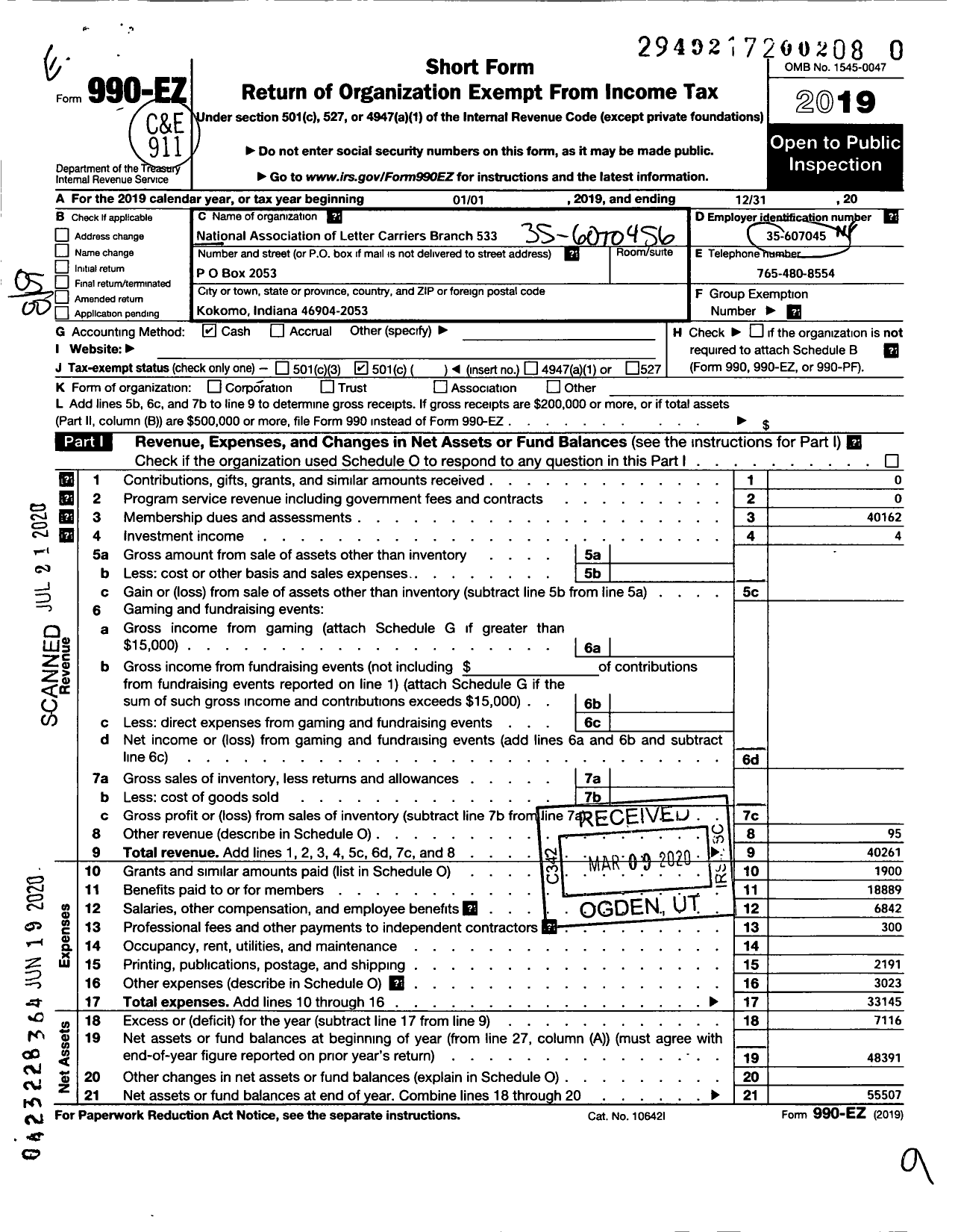 Image of first page of 2019 Form 990EO for National Association of Letter Carriers - 0533 Kokomo Indiana