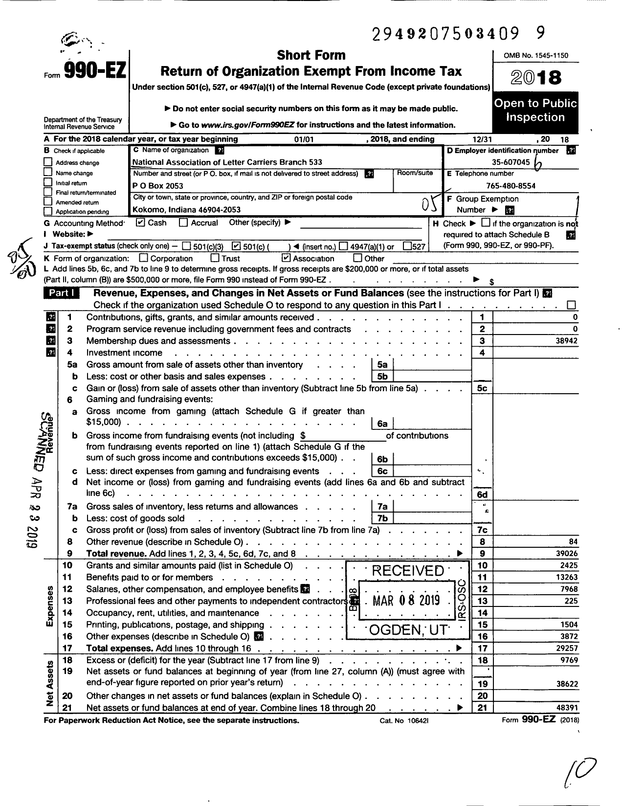 Image of first page of 2018 Form 990EO for National Association of Letter Carriers - 0533 Kokomo Indiana