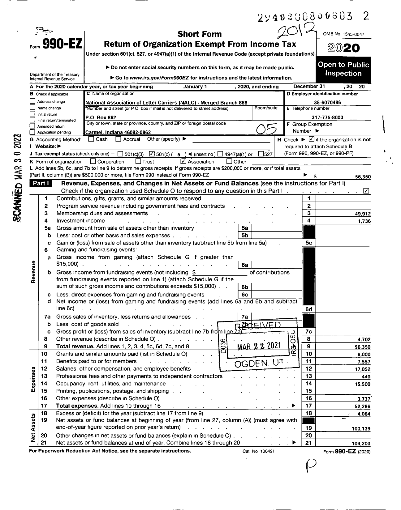 Image of first page of 2020 Form 990EO for National Association of Letter Carriers - 888 Carmel Indiana