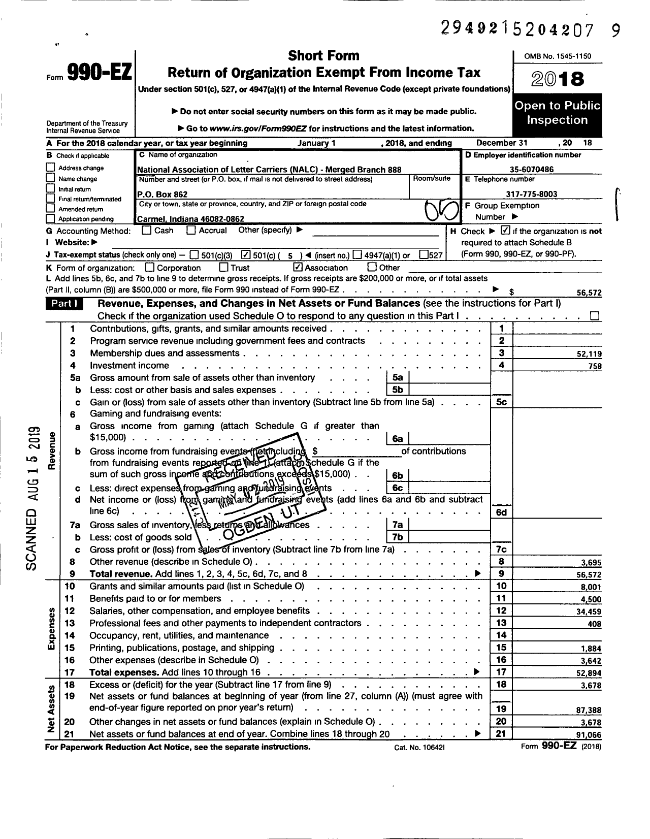 Image of first page of 2018 Form 990EO for National Association of Letter Carriers - 888 Carmel Indiana