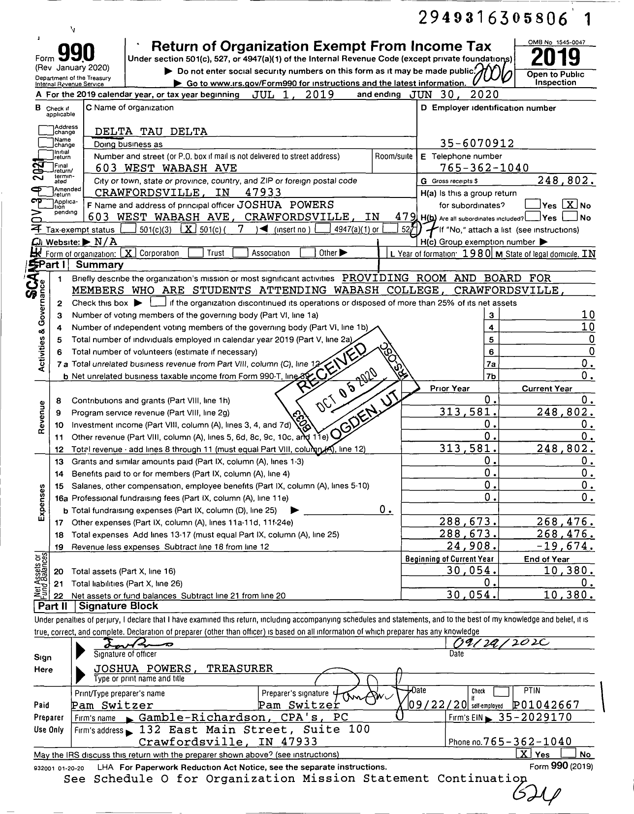 Image of first page of 2019 Form 990O for Delta Tau Delta Fraternity - Beta Psi Chapter