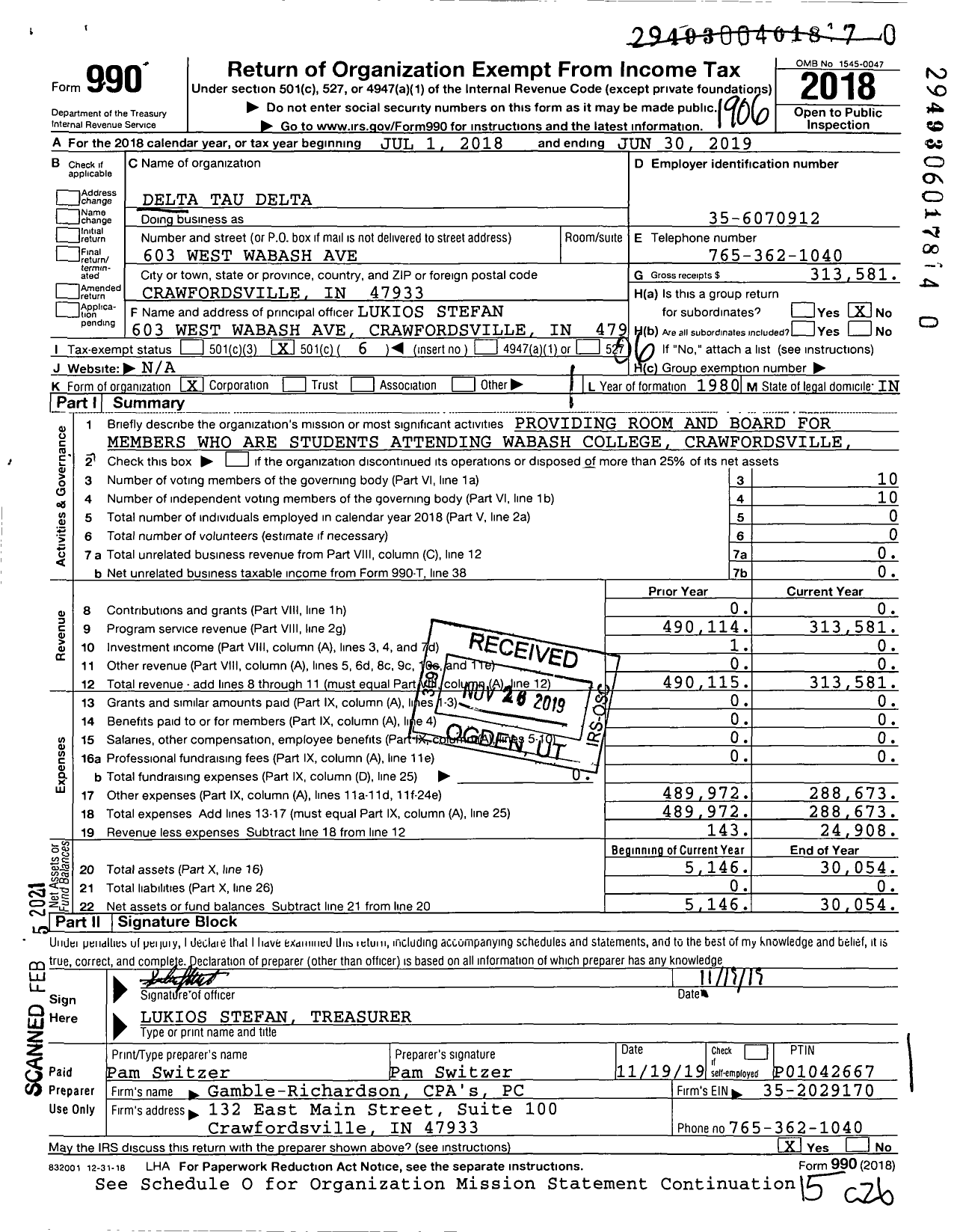 Image of first page of 2018 Form 990O for Delta Tau Delta Fraternity - Beta Psi Chapter