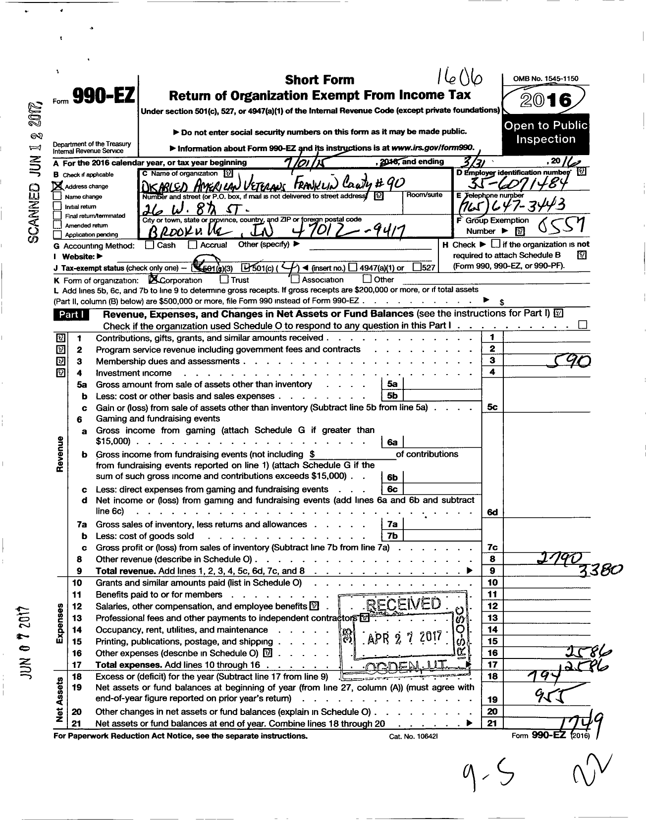 Image of first page of 2015 Form 990EO for Disabled American Veterans - 90 Franklin County