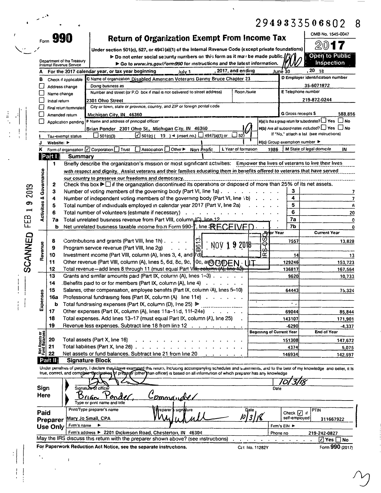 Image of first page of 2017 Form 990O for DISABLED AMERICAN Veterans - 23 Danny Bruce