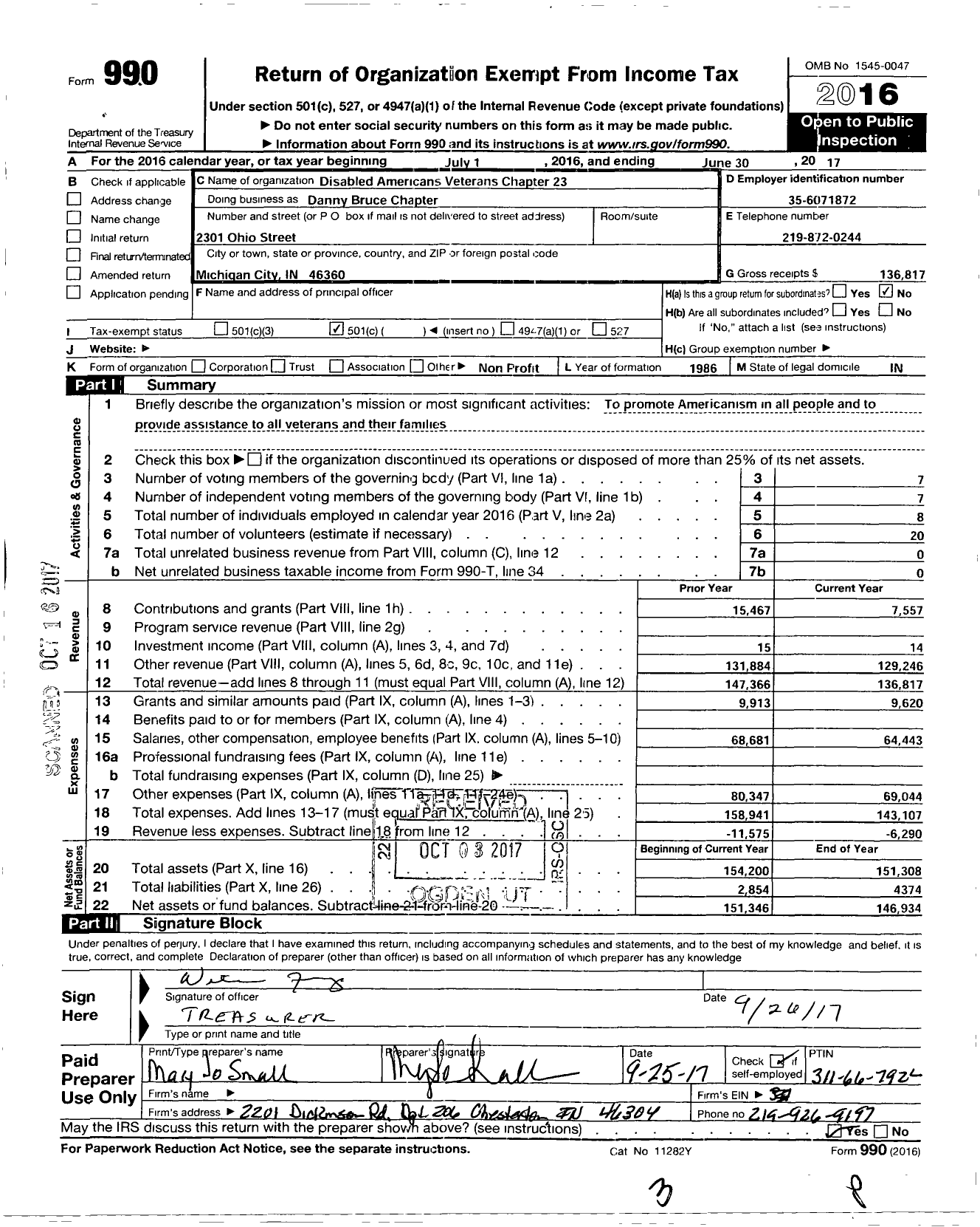 Image of first page of 2016 Form 990O for DISABLED AMERICAN Veterans - 23 Danny Bruce