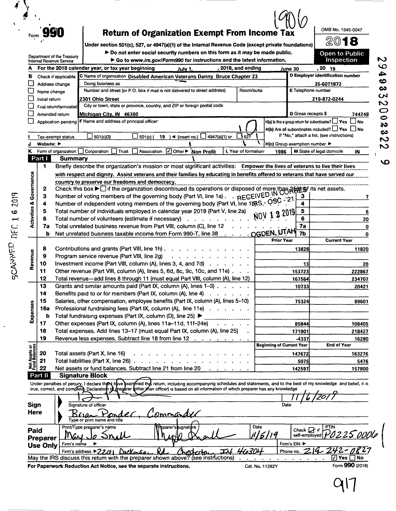 Image of first page of 2018 Form 990O for DISABLED AMERICAN Veterans - 23 Danny Bruce