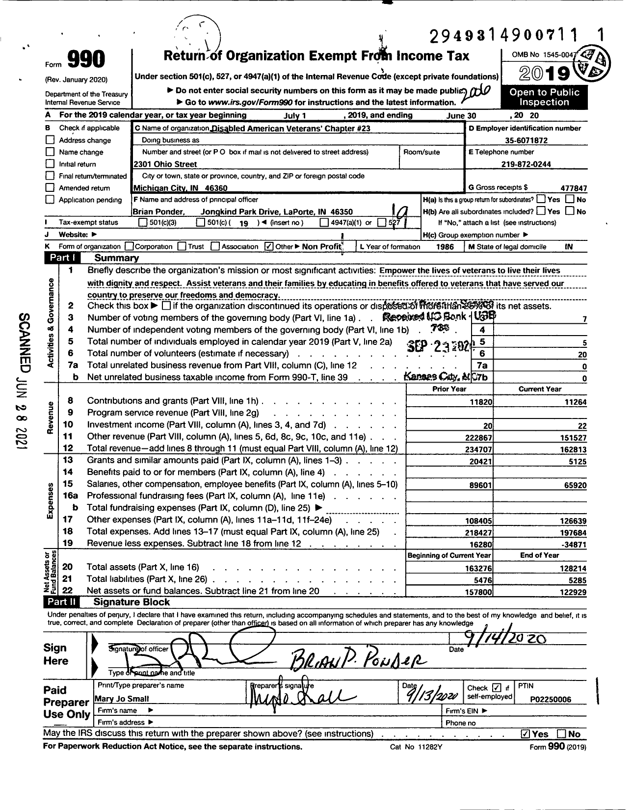Image of first page of 2019 Form 990O for DISABLED AMERICAN Veterans - 23 Danny Bruce