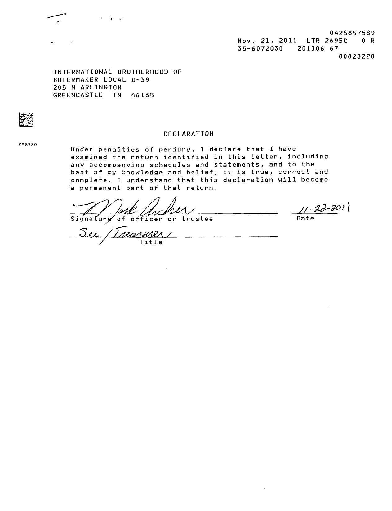 Image of first page of 2010 Form 990EOR for International Brotherhood of Boilermakers - D39 Lodge