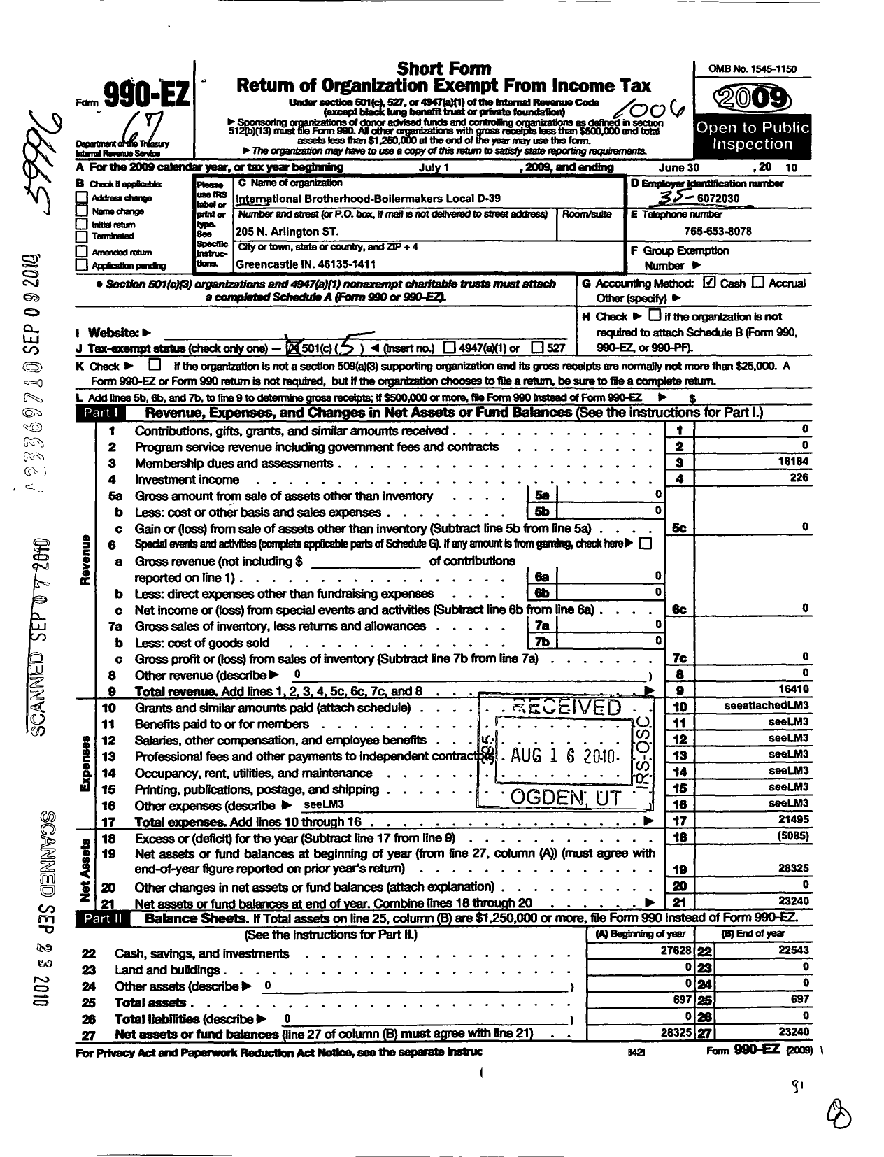 Image of first page of 2009 Form 990EO for International Brotherhood of Boilermakers - D39 Lodge