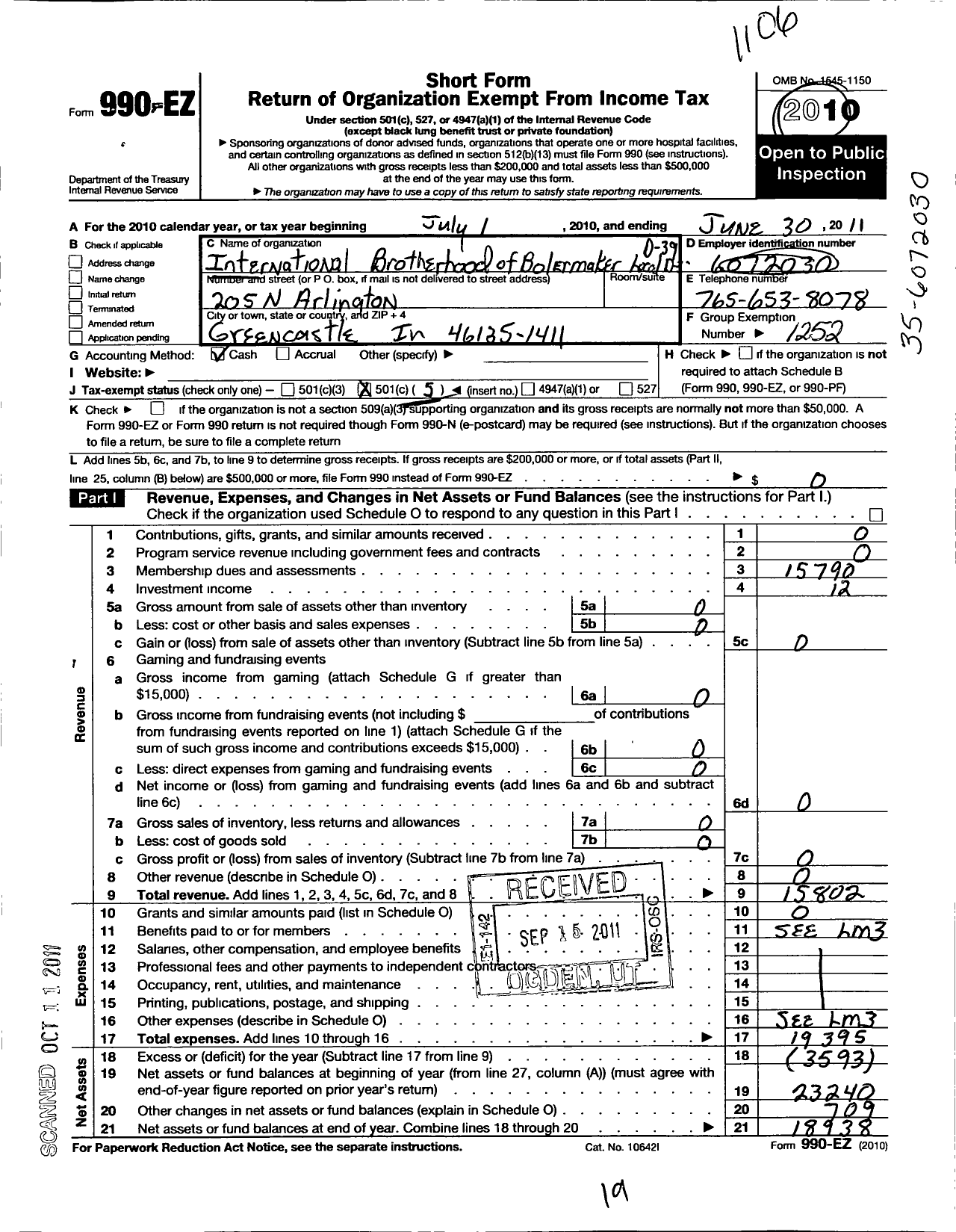 Image of first page of 2010 Form 990EO for International Brotherhood of Boilermakers - D39 Lodge