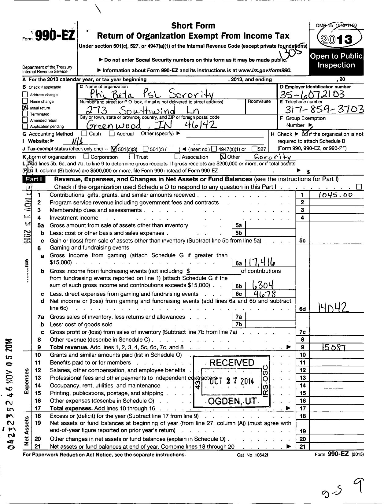 Image of first page of 2012 Form 990EZ for Phi Beta Psi Sorority / Phi Chapter