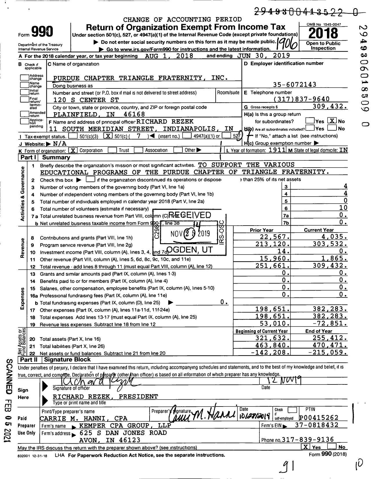 Image of first page of 2018 Form 990O for Purdue Chapter Triangle Fraternity