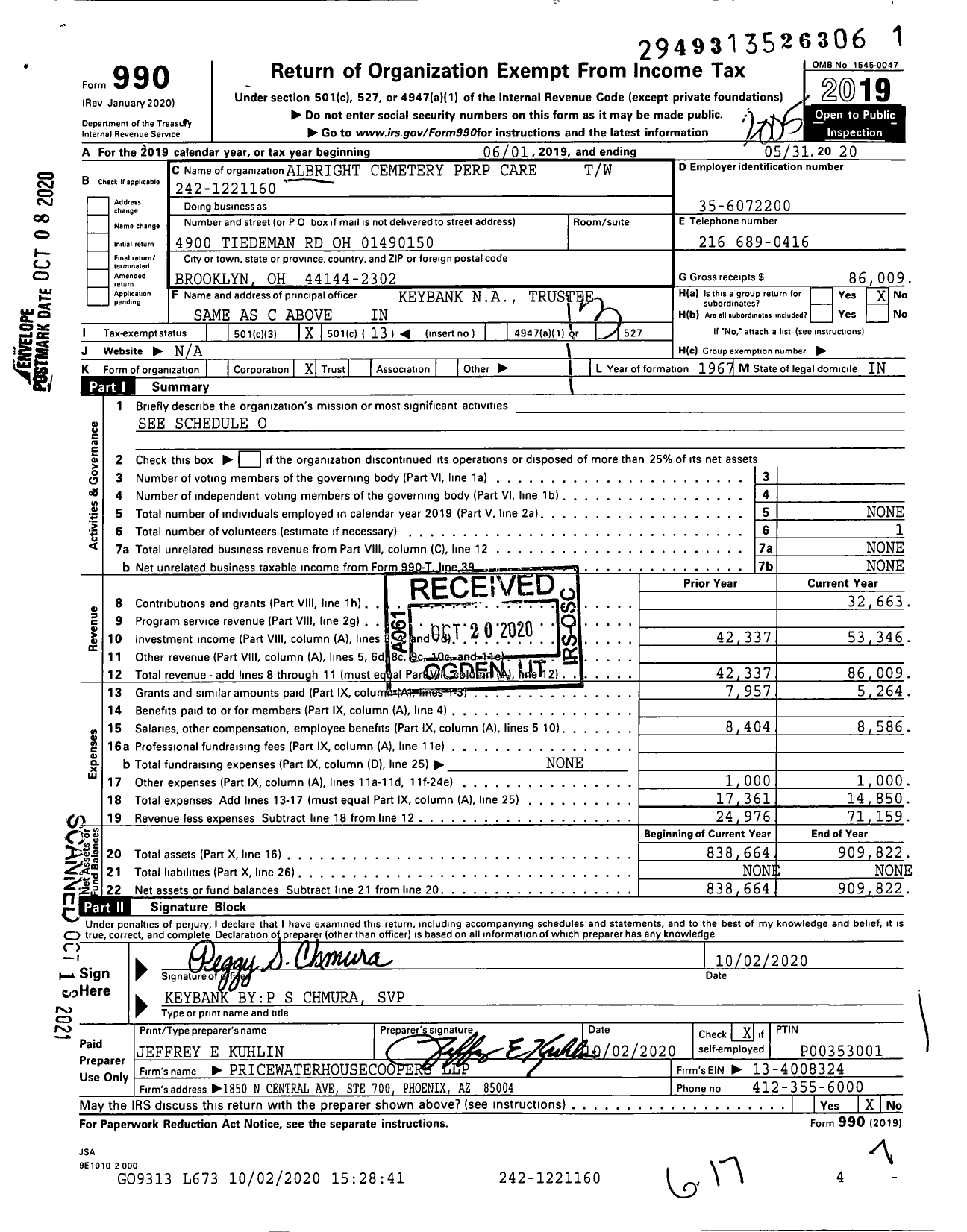 Image of first page of 2019 Form 990O for Albright Cemetery Perp Care TW