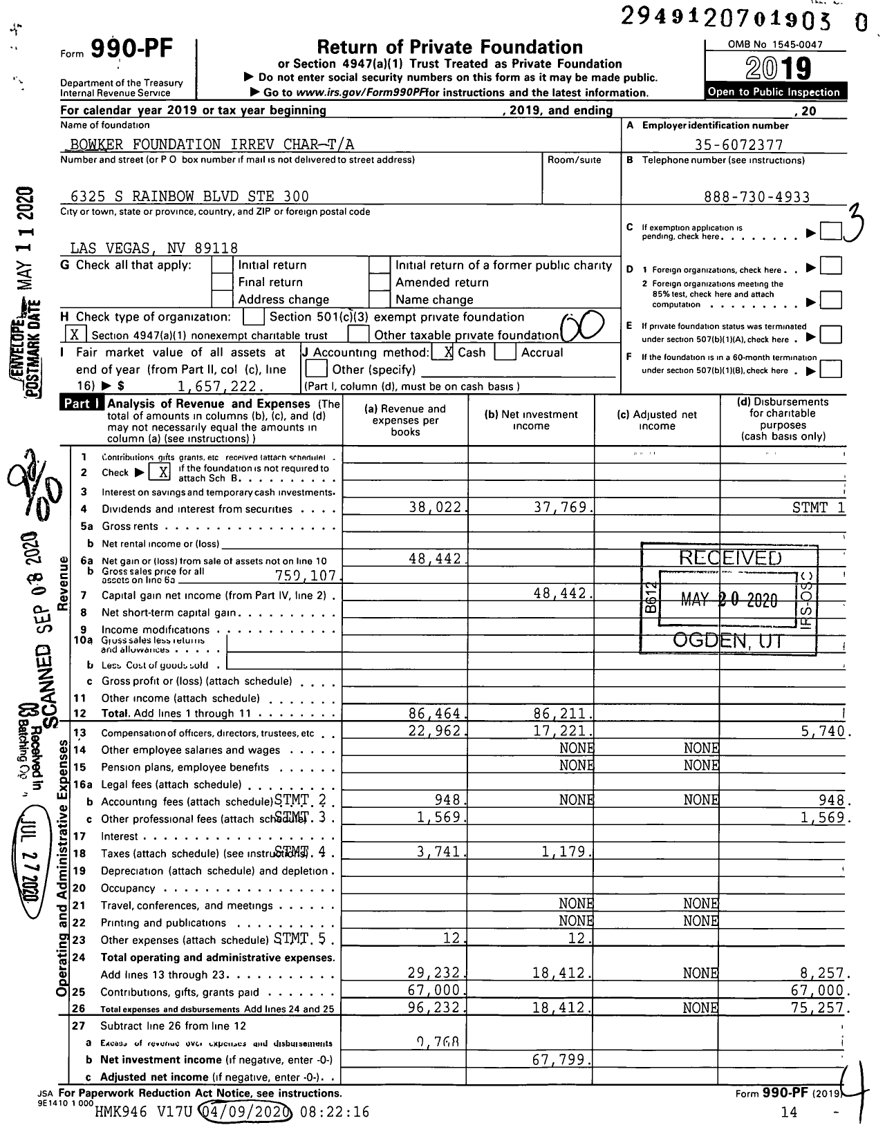 Image of first page of 2019 Form 990PR for Bowker Foundation Irrev Char Ta