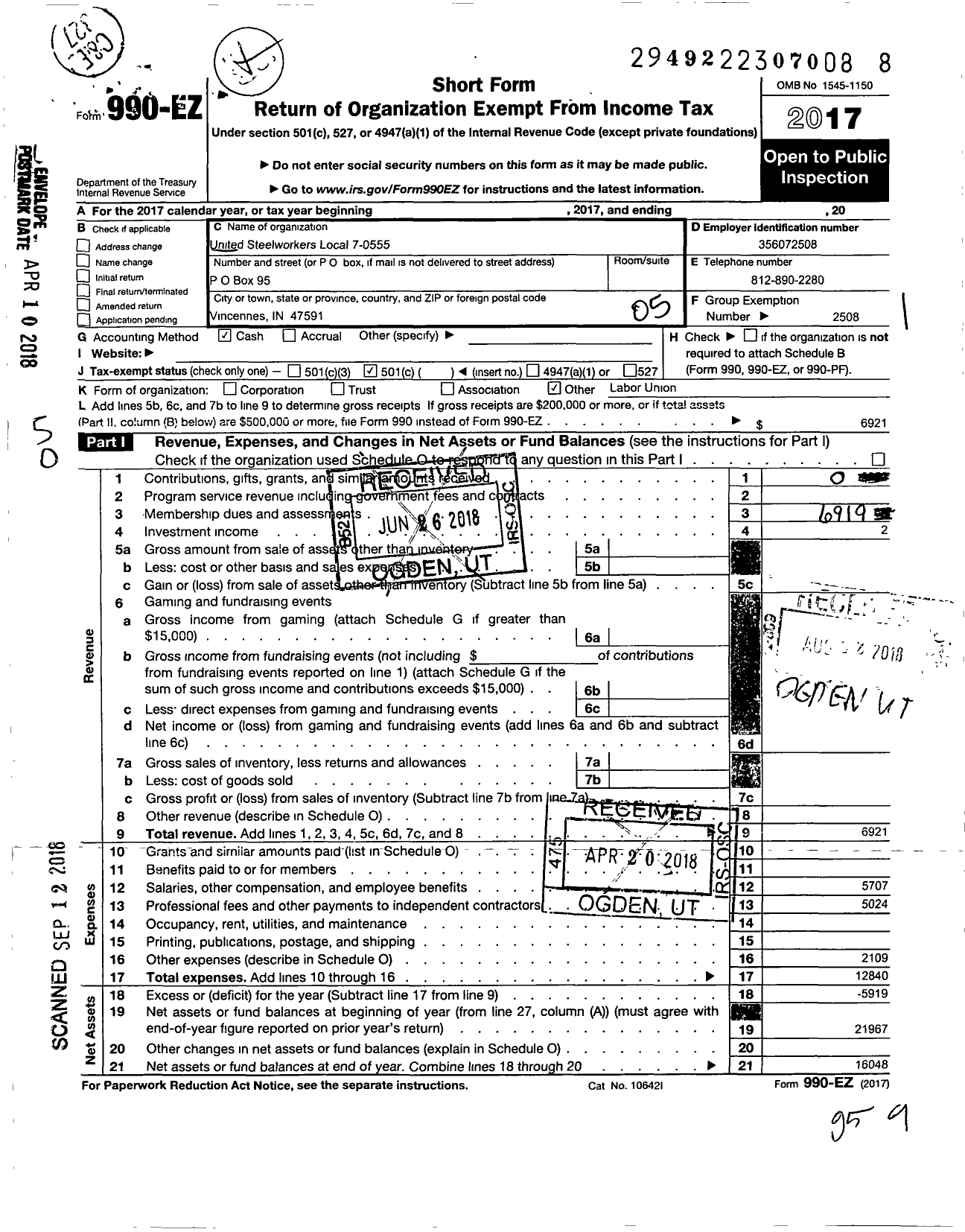 Image of first page of 2017 Form 990EO for United Steelworkers - 7-00555 Local