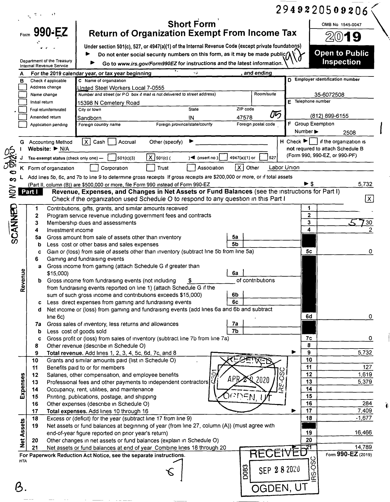 Image of first page of 2019 Form 990EO for United Steelworkers - 7-00555 Local