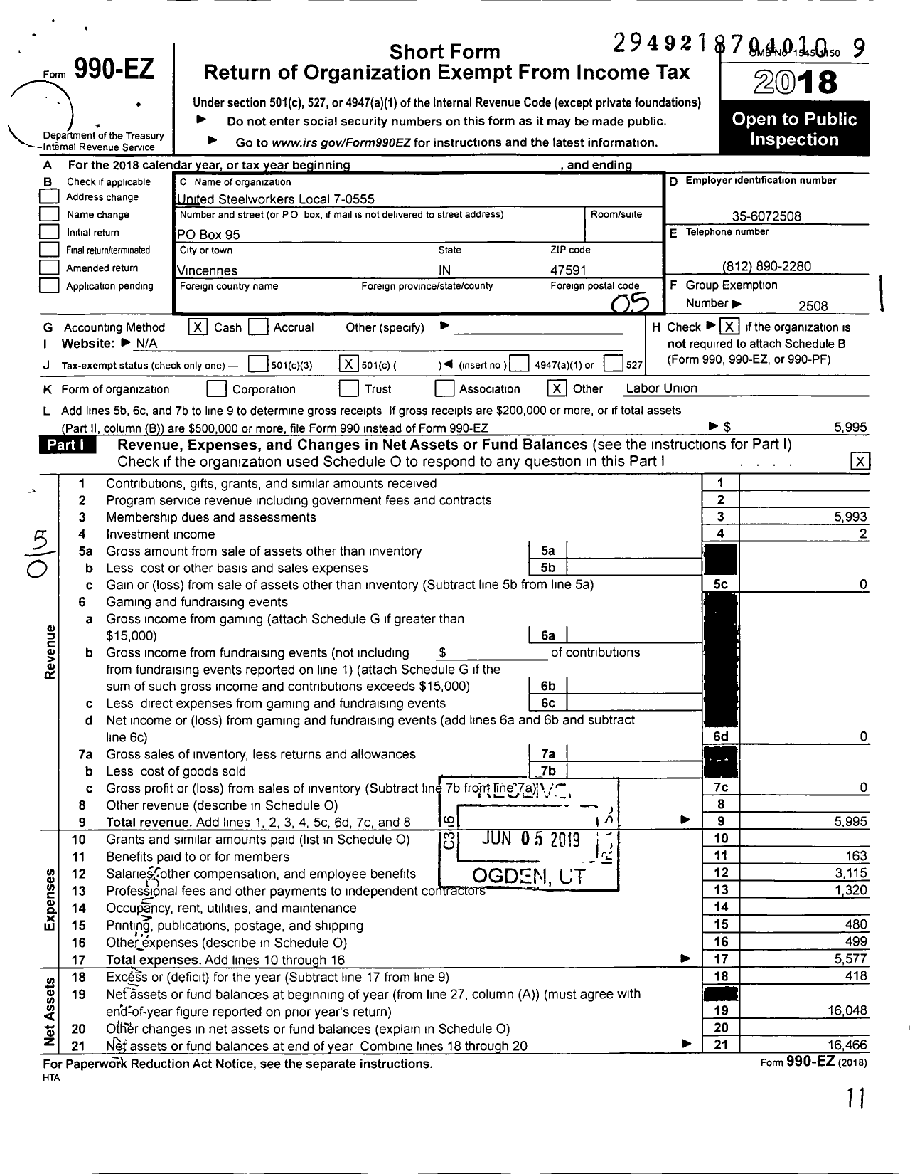 Image of first page of 2018 Form 990EO for United Steelworkers - 7-00555 Local
