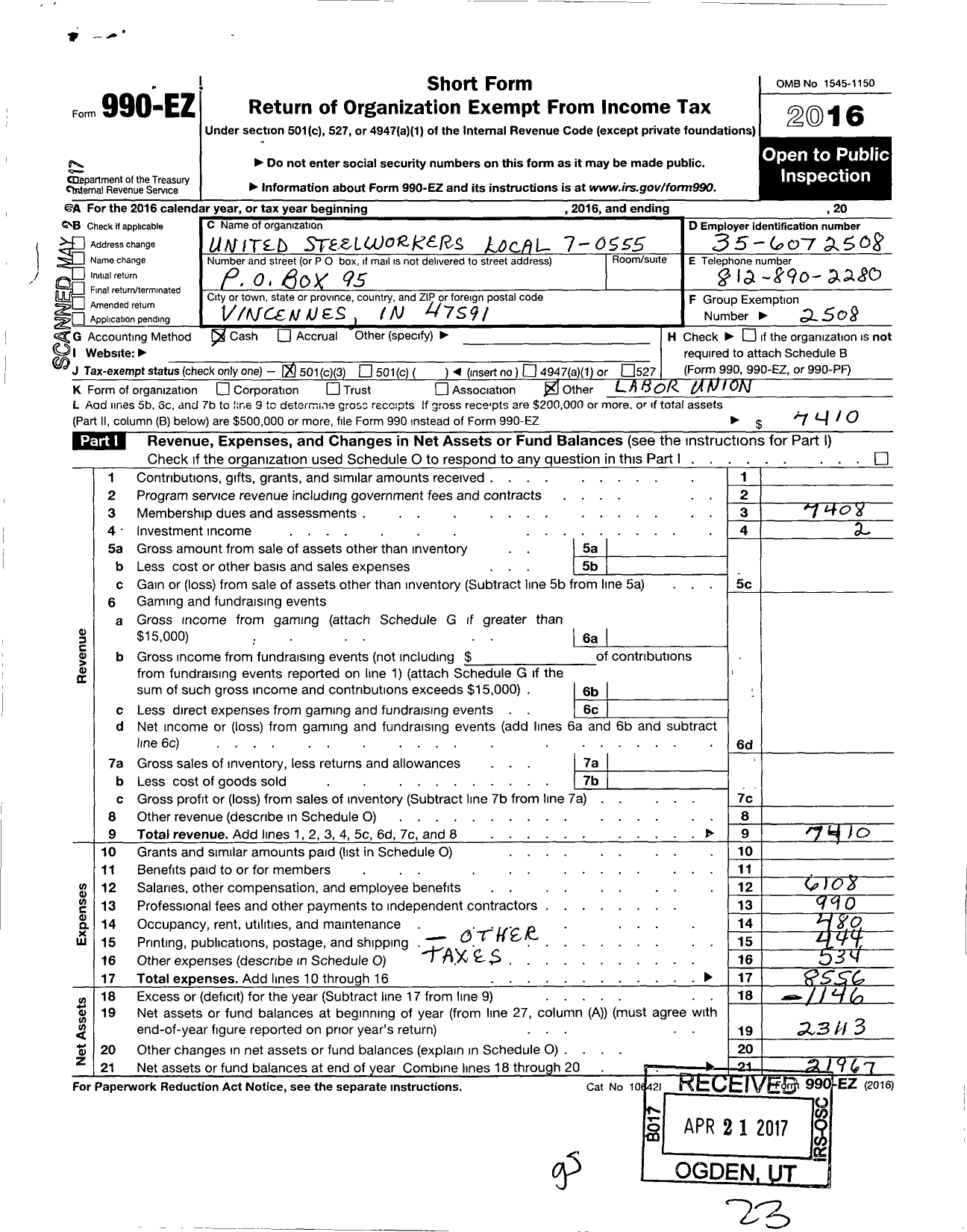 Image of first page of 2016 Form 990EZ for United Steelworkers - 7-00555 Local