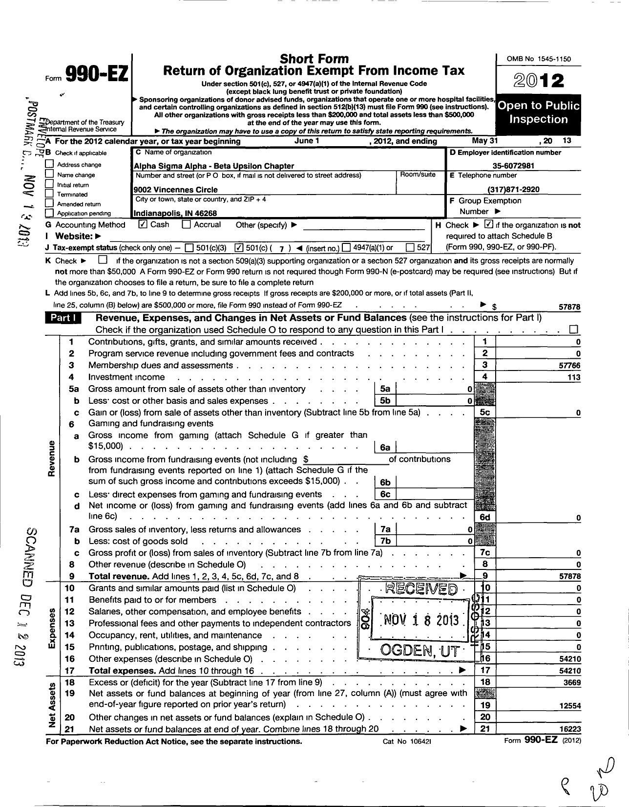 Image of first page of 2012 Form 990EO for Alpha Sigma Alpha Sorority / Beta Upsilon Chapter