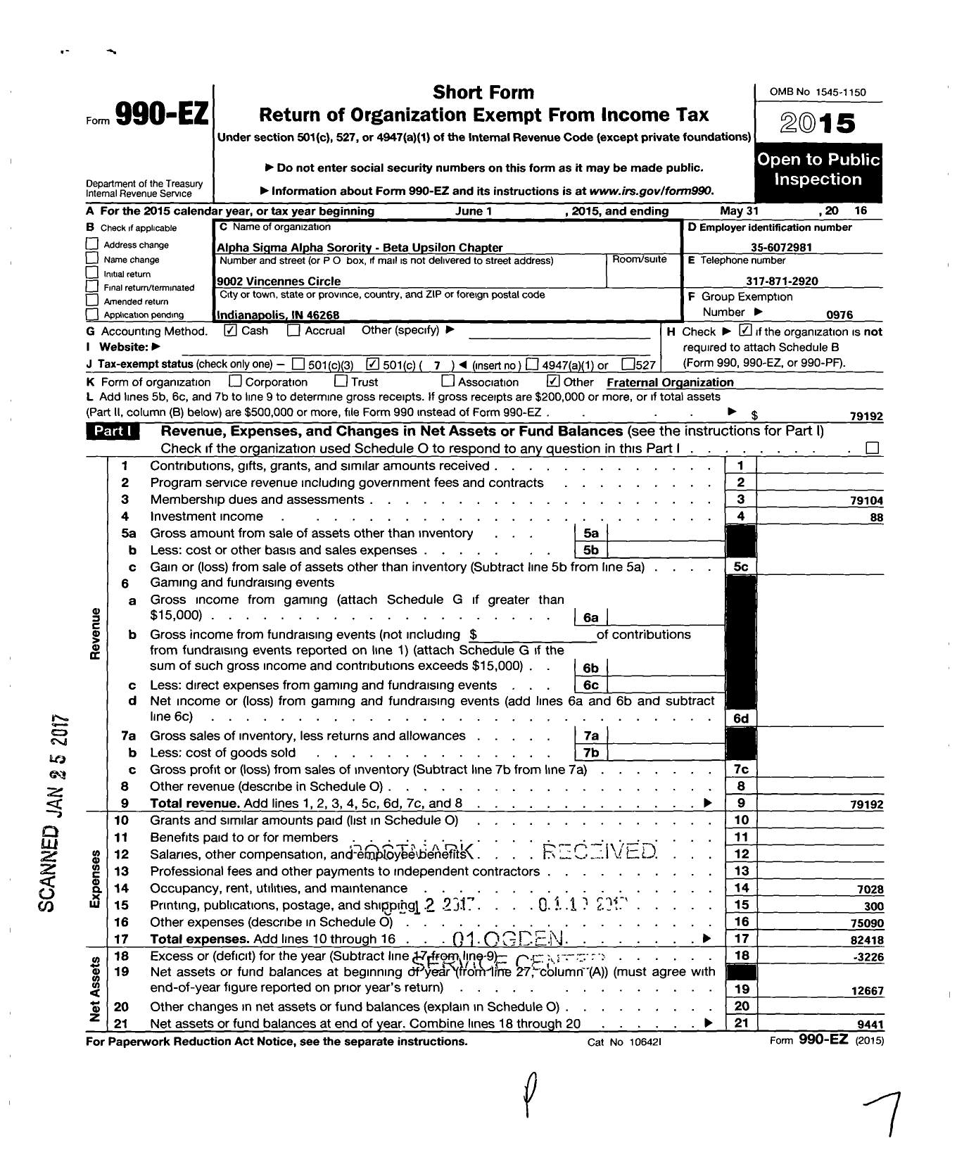 Image of first page of 2015 Form 990EO for Alpha Sigma Alpha Sorority / Beta Upsilon Chapter