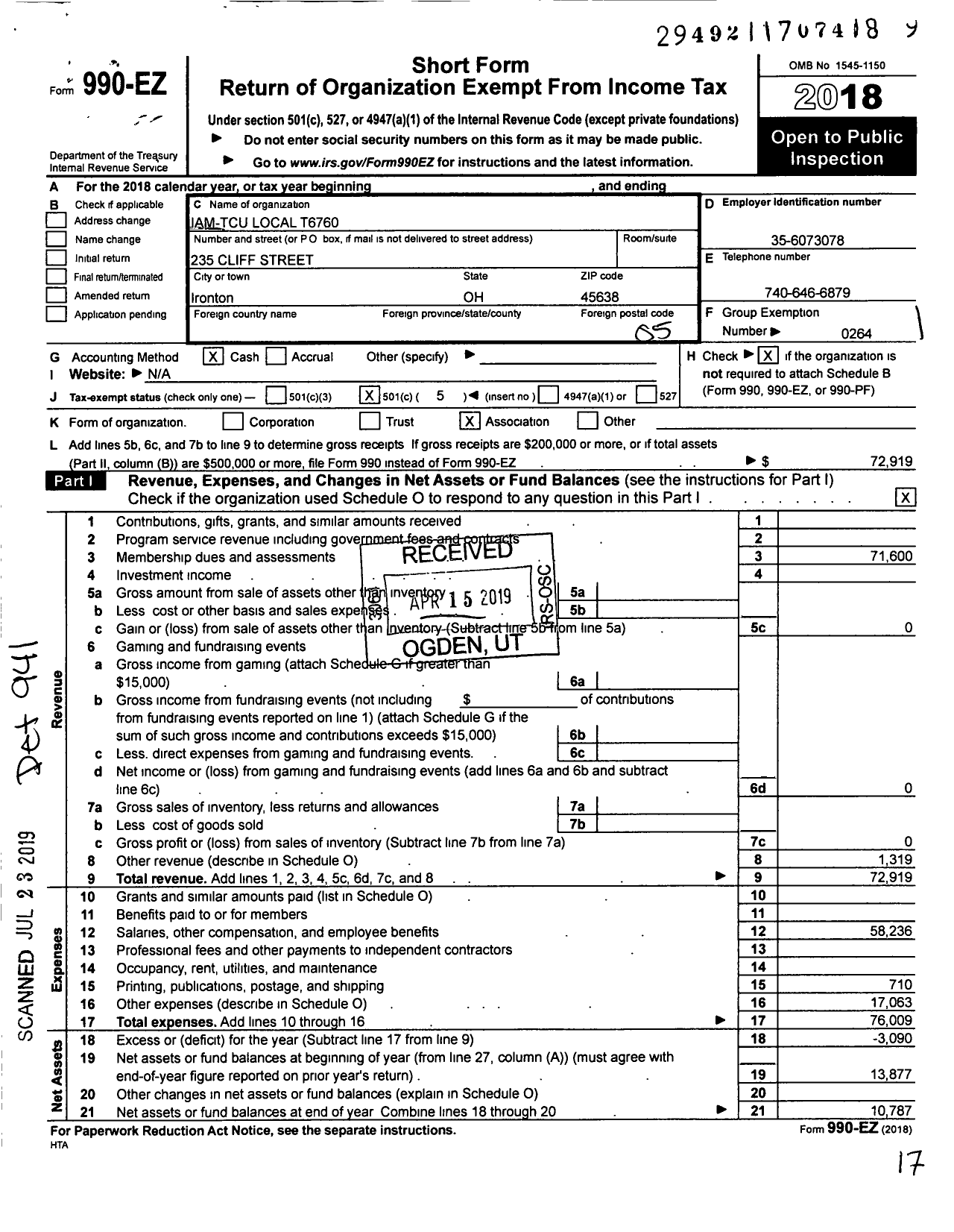 Image of first page of 2018 Form 990EO for Transportation-Communications Union / T6760 Lodge