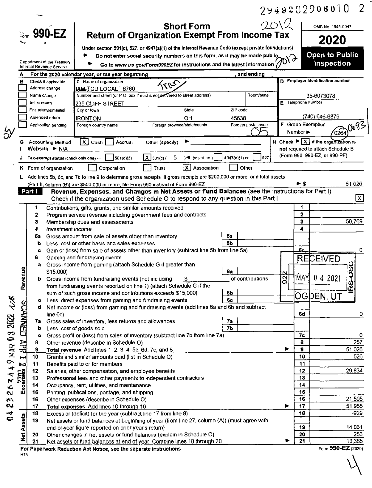 Image of first page of 2020 Form 990EO for Transportation-Communications Union / T6760 Lodge