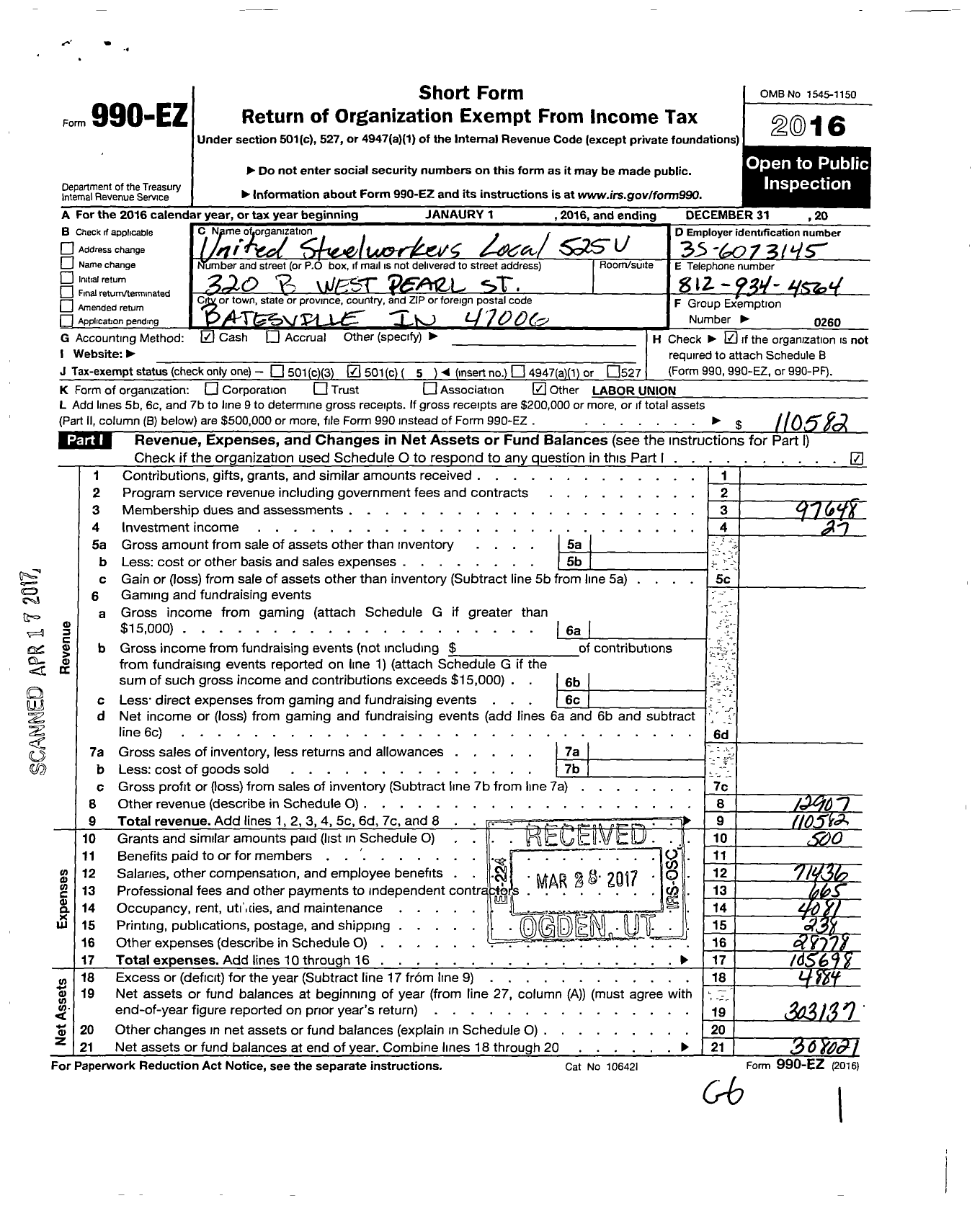 Image of first page of 2016 Form 990EO for United Steelworkers - 525u Local